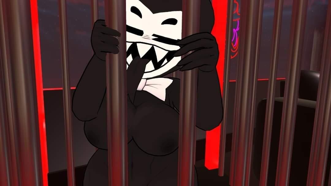 1girls bars bendy bendy_and_the_ink_machine bendy_fem big_breasts bowtie cage caged claws darling_(cally3d) demon demon_girl indoors ink jailed nipples now_kill_yourself- nude nude_female sharp_teeth shortstack south_shaed_(dreams_come_true_studio) vrchat