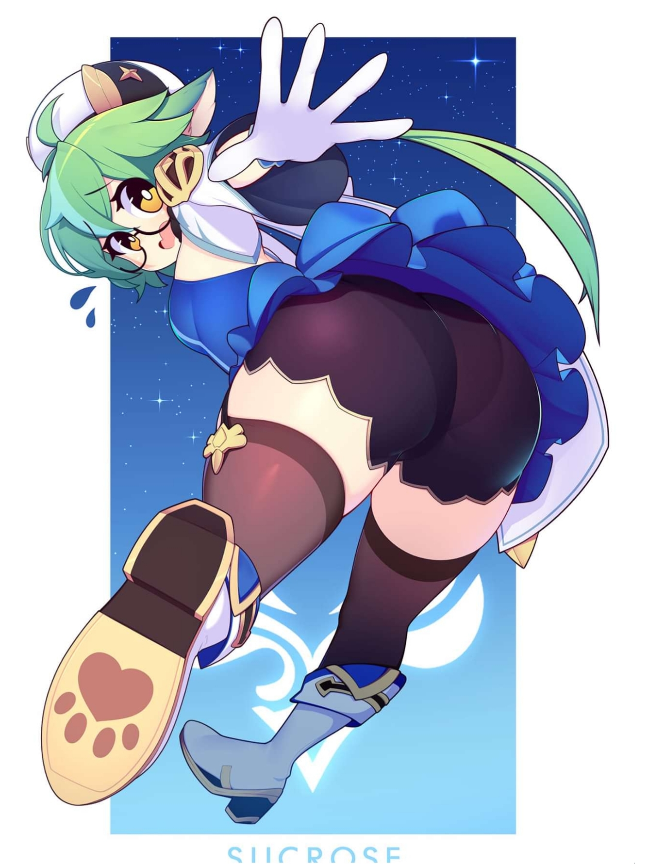 ahoge, animal ears, ass, bubble ass, bubble butt, embarrassed, fizintine, genshin impact, glasses, gloves, green hair, hat, high heel boots, high heels, ponytail, stockings, sucrose (genshin impact), tagme, upskirt, yellow eyes