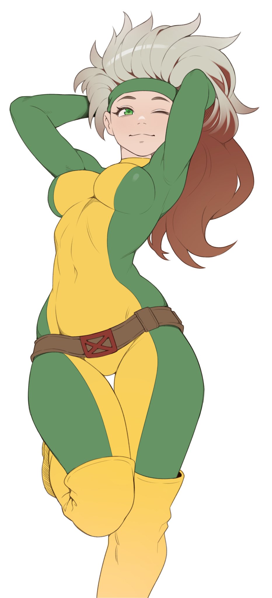 1girls 2d armpits arms_behind_head belly belly_button belly_button_visible_through_clothing belt big_breasts boots breasts brown_hair busty cheshirrr comics curvaceous curves curvy curvy_body curvy_female curvy_figure curvy_hips green_eyes hands_behind_head heroine large_breasts legs marvel marvel_comics multicolored_hair one_eye_closed rogue_(x-men) smile smiling superheroine thick thick_legs thigh_gap thighs tight_clothes tight_clothing tights tummy white_background white_hair wink winking x-men