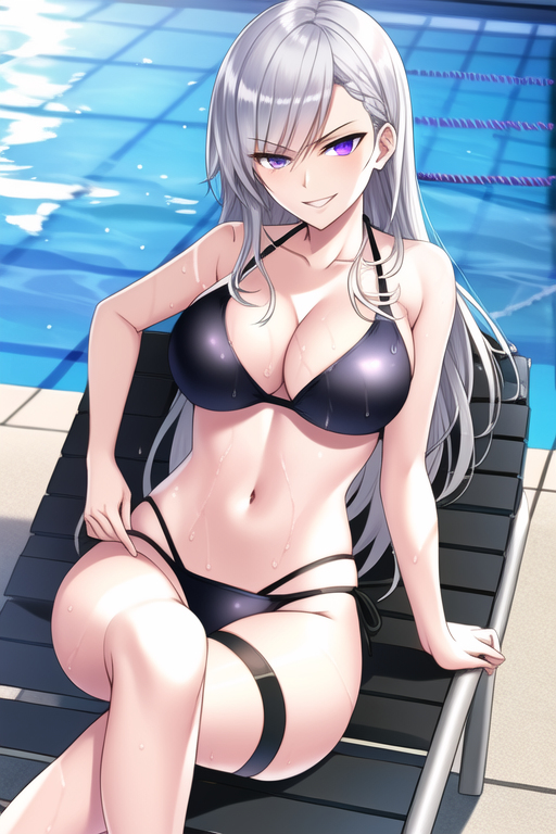 bikini black_bikini classroom_of_the_elite crossed_legs kiryuuin_fuuka looking_at_viewer pool purple_eyes wet white_hair youkoso_jitsuryoku_shijou_shugi_no_kyoushitsu_e