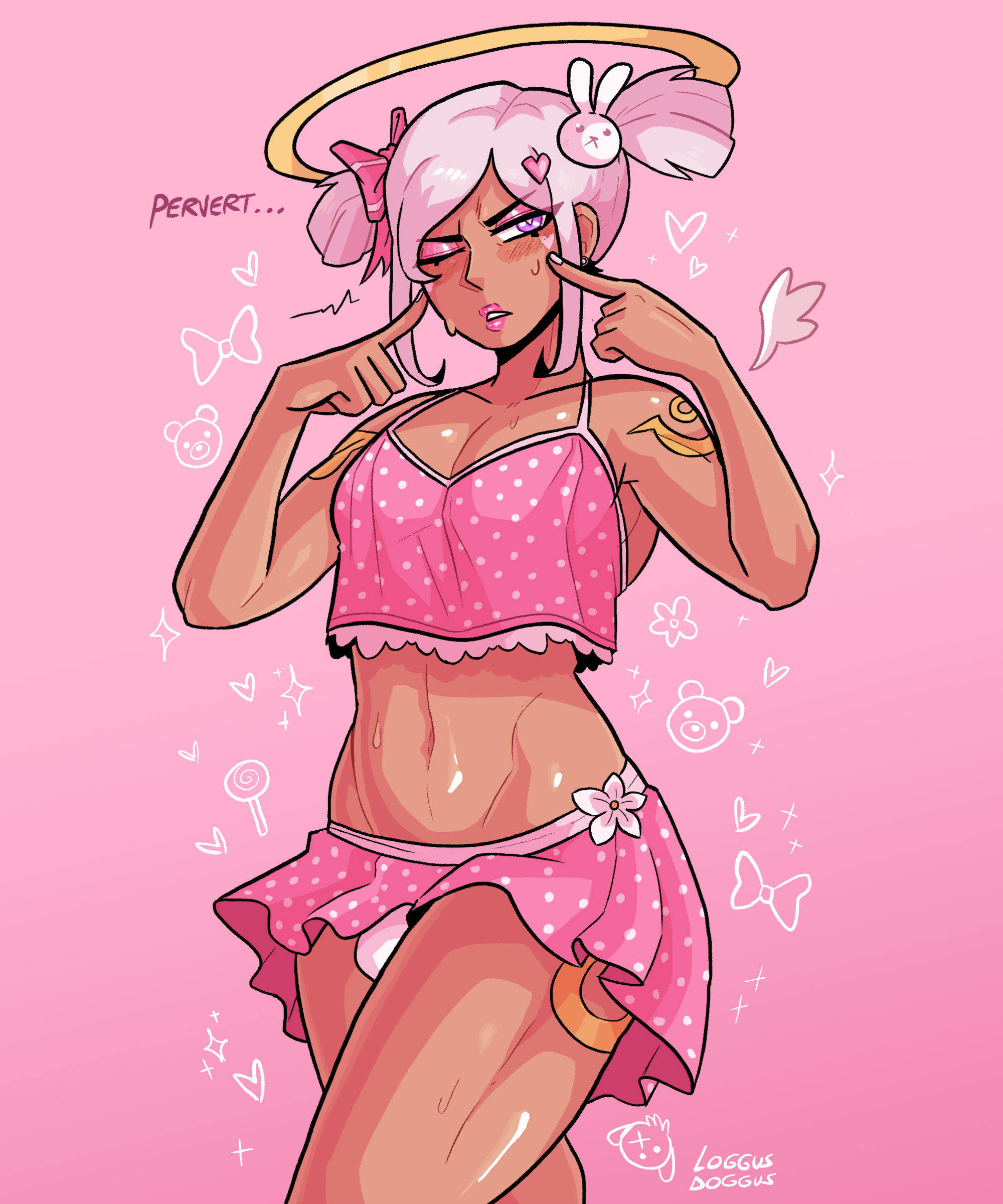 1boy, 1femboy, angel, angel wings, angry, anhel (loggus doggus), crossdressing, dark skin, dark-skinned femboy, dark-skinned male, dark-skinned sissy, dark-skinned twink, embarrassed, femboy, femboy only, hair ornament, halo, lipstick, loggus doggus, male, male only, original, original character, pink background, pink hair, pink outfit, simple background, skirt, solo, tanned, tanned skin, toned, toned body, toned male, twintails, upskirt