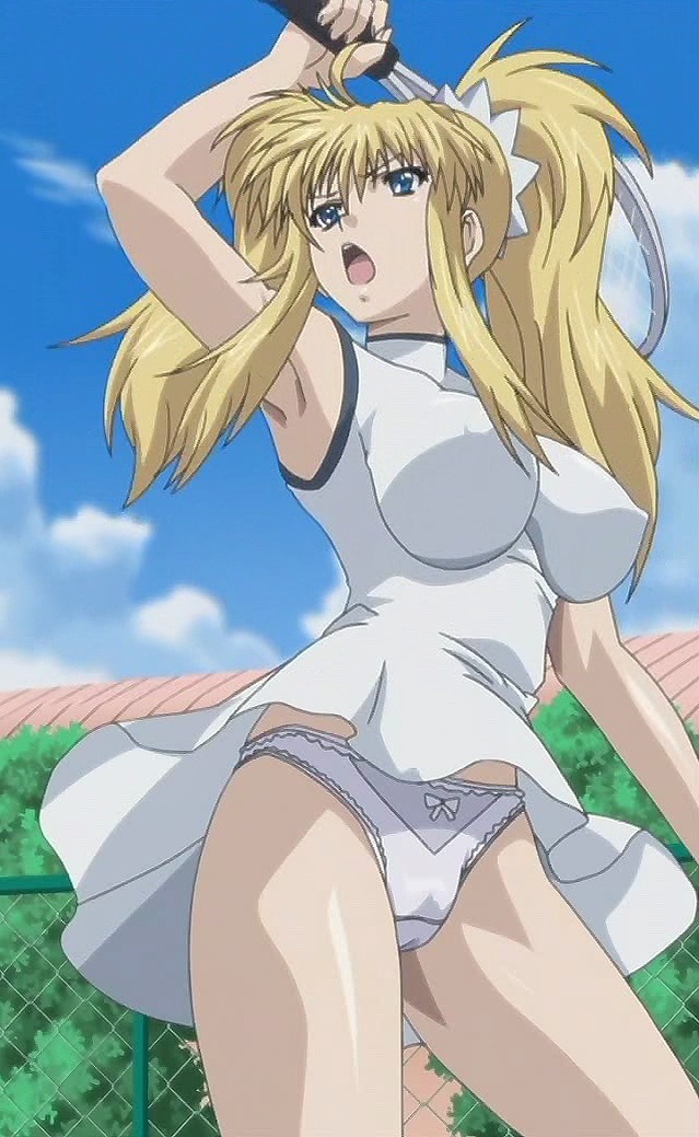 1girls arm_up armpits big_breasts blonde_hair blue_eyes breasts busty character_request female female_only large_breasts legs long_hair open_mouth panties pantyshot racket screencap stitched tennis_racket thighs third-party_edit twintails underwear white_panties