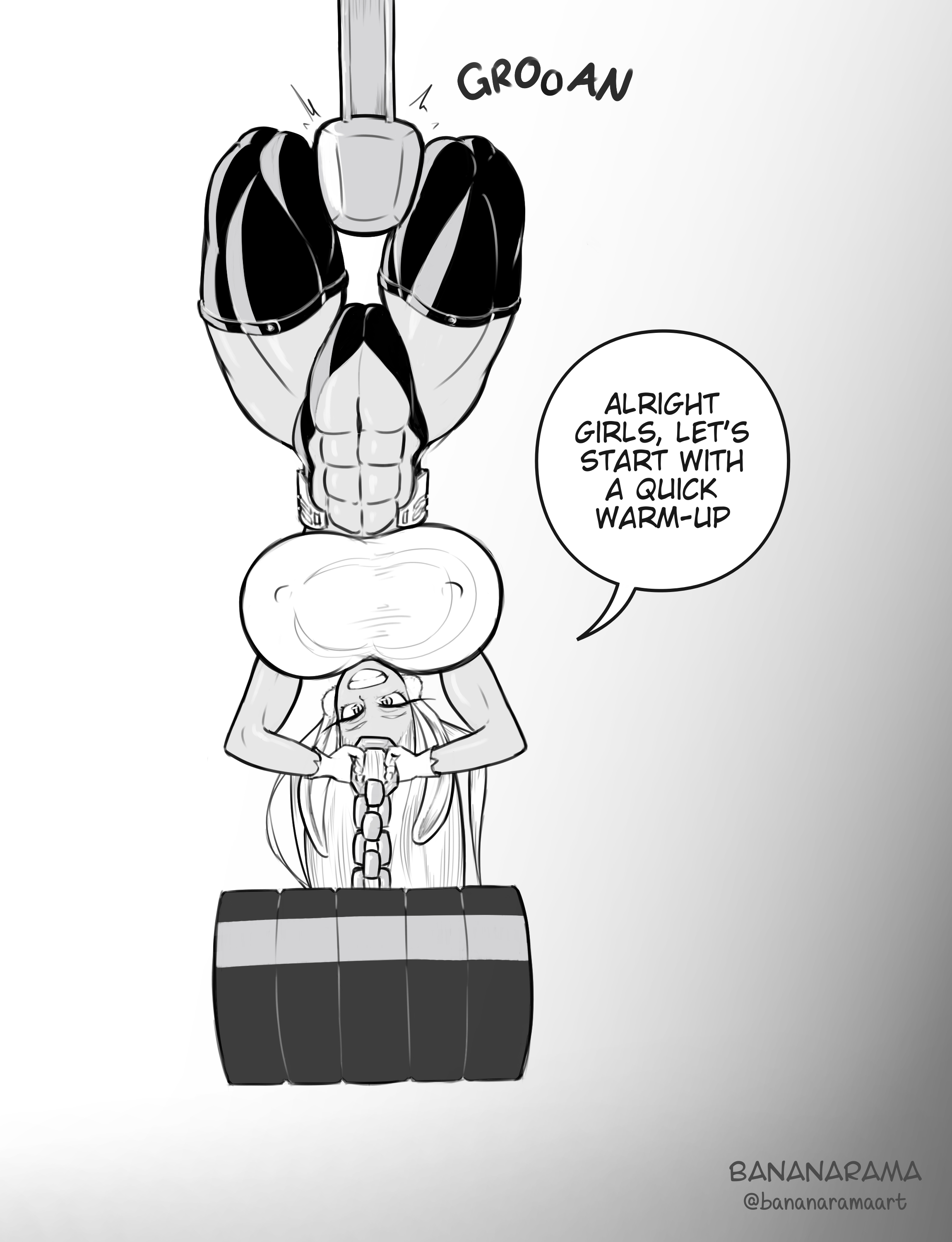 1girls, abs, athletic, athletic female, bananarama (artist), black and white, breasts, bunny ears, dark skin, dark-skinned female, exercise, female, female only, huge breasts, miruko, monochrome, muscular, muscular female, my hero academia, rumi usagiyama, solo, speech bubble, strong, suspension, thick thighs, upside-down, weightlifting, white hair