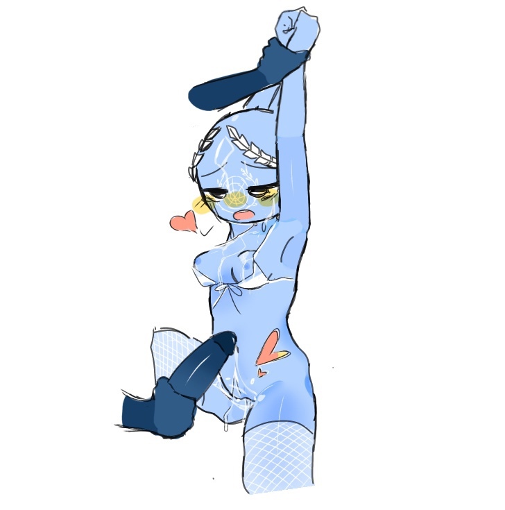 1boy 1girls big_penis blue_body bra cleverpoint countryhumans countryhumans_girl fishnets heart holding_wrists light_blue_body nato_(countryhumans) one_leg_up small_breasts thighhighs thighs united_nations_(countryhumans) white_headwear