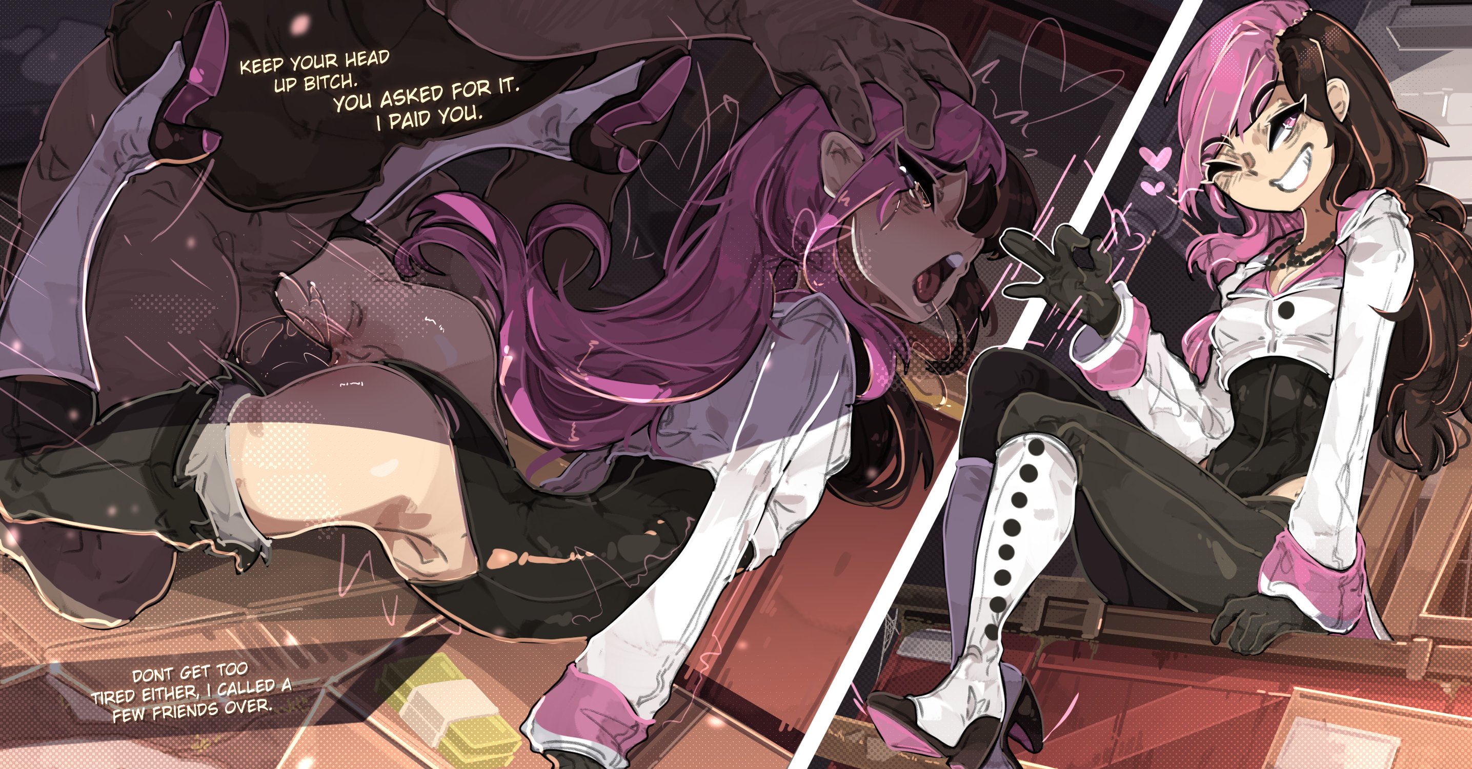 1boy, 1girls, 2d, boots, breasts, brown hair, clothed sex, cute, dark skin, dark-skinned male, dialogue, dutch angle, eyebrows visible through hair, fat male, female, female focus, from behind, head grab, high heel boots, high heels, light skin, light-skinned female, male, neo (rwby), penis, petite, petite body, petite female, pink bottom heels, pink hair, prostitution, pussy, rwby, seated, shuuko, side view, sitting, small breasts, smile, straight, tagme, two-tone hair, unseen male face, vaginal penetration, vaginal sex, wink