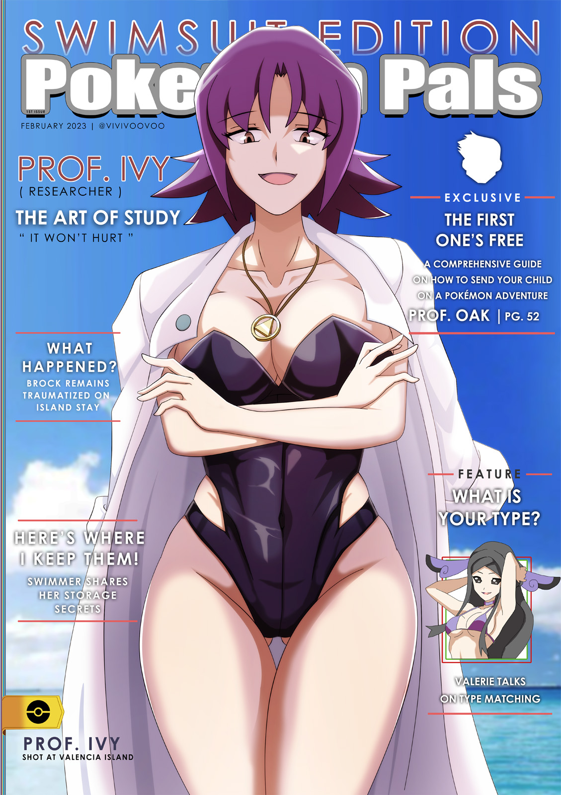 big breasts, breasts, cleavage, dr. uchikido, female, female only, labcoat, nintendo, open mouth, philena ivy, pokemon, pokemon (anime), pokemon xy, purple hair, swimsuit, valerie (pokemon), vivivoovoo
