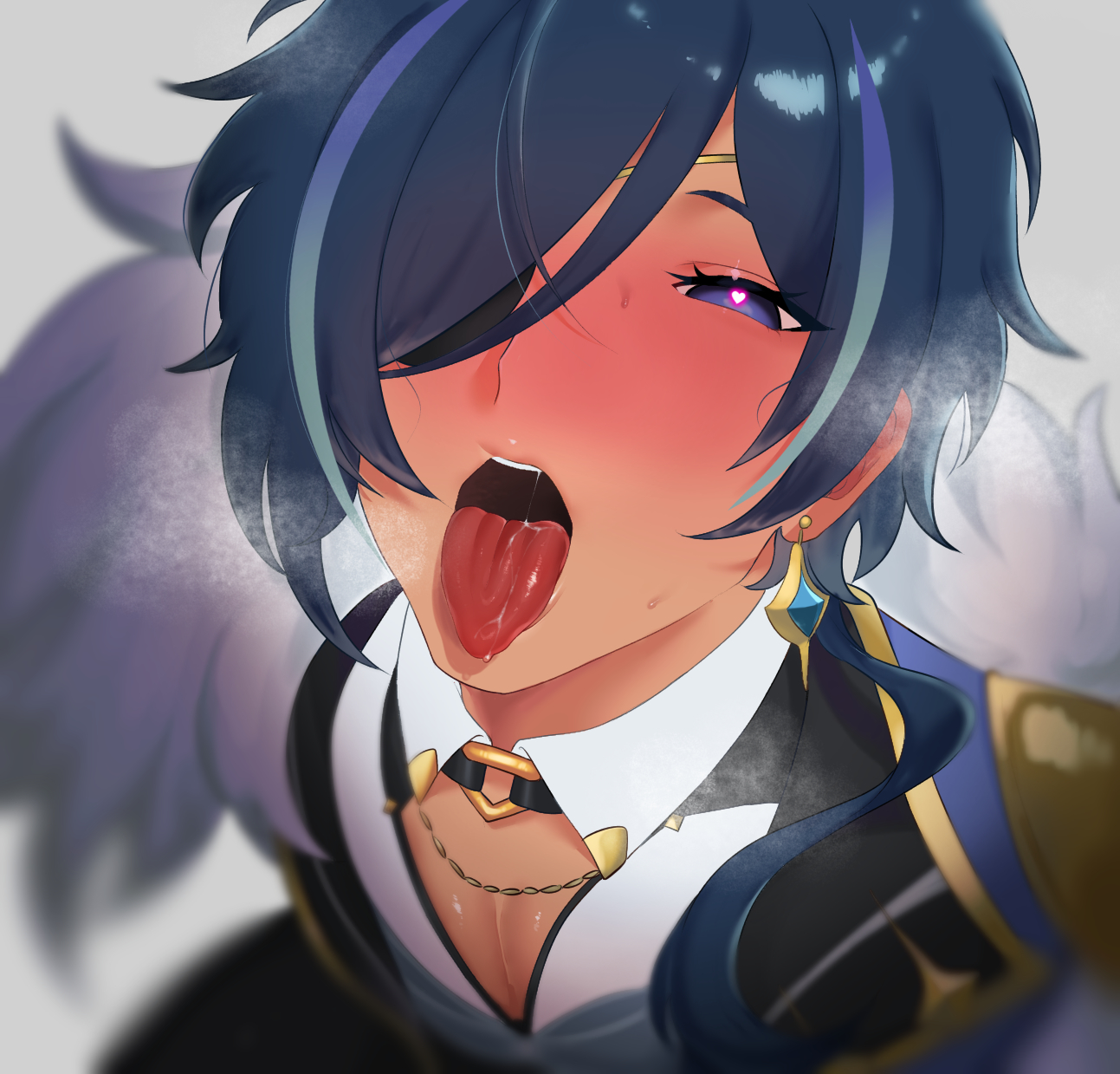 1boy, blue hair, blush, dark skin, dark-skinned male, eyepatch, gay, genshin impact, heart, heart-shaped pupils, highres, homosexual, kaeya (genshin impact), khk7314, looking at viewer, male, male focus, male only, open mouth, presenting mouth, saliva, solo, symbol-shaped pupils, tagme, tongue, tongue out