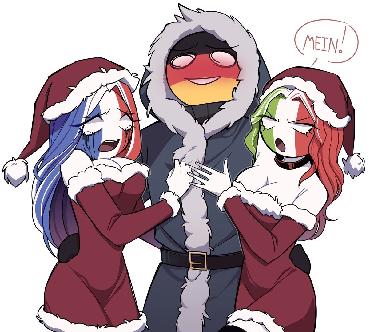 . ., 1boy, 2girls, alpha male, alternate version available, blush, christmas, clothing, countryhumans, countryhumans girl, cry, crying with eyes open, female, france (countryhumans), germany (countryhumans), italy (countryhumans), male, saylluna