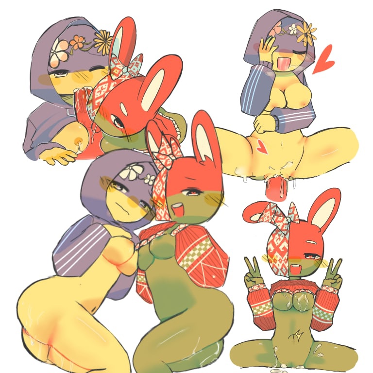 1boy 2girls belarus_(countryhumans) blush breasts bunny_ears cleverpoint countryhumans countryhumans_girl cum cum_in_pussy cum_on_breasts cum_on_thighs green_body green_skin hearts humanoid jacket oral peace_sign penis sweater ukraine_(countryhumans) vaginal_penetration yellow_body yellow_skin