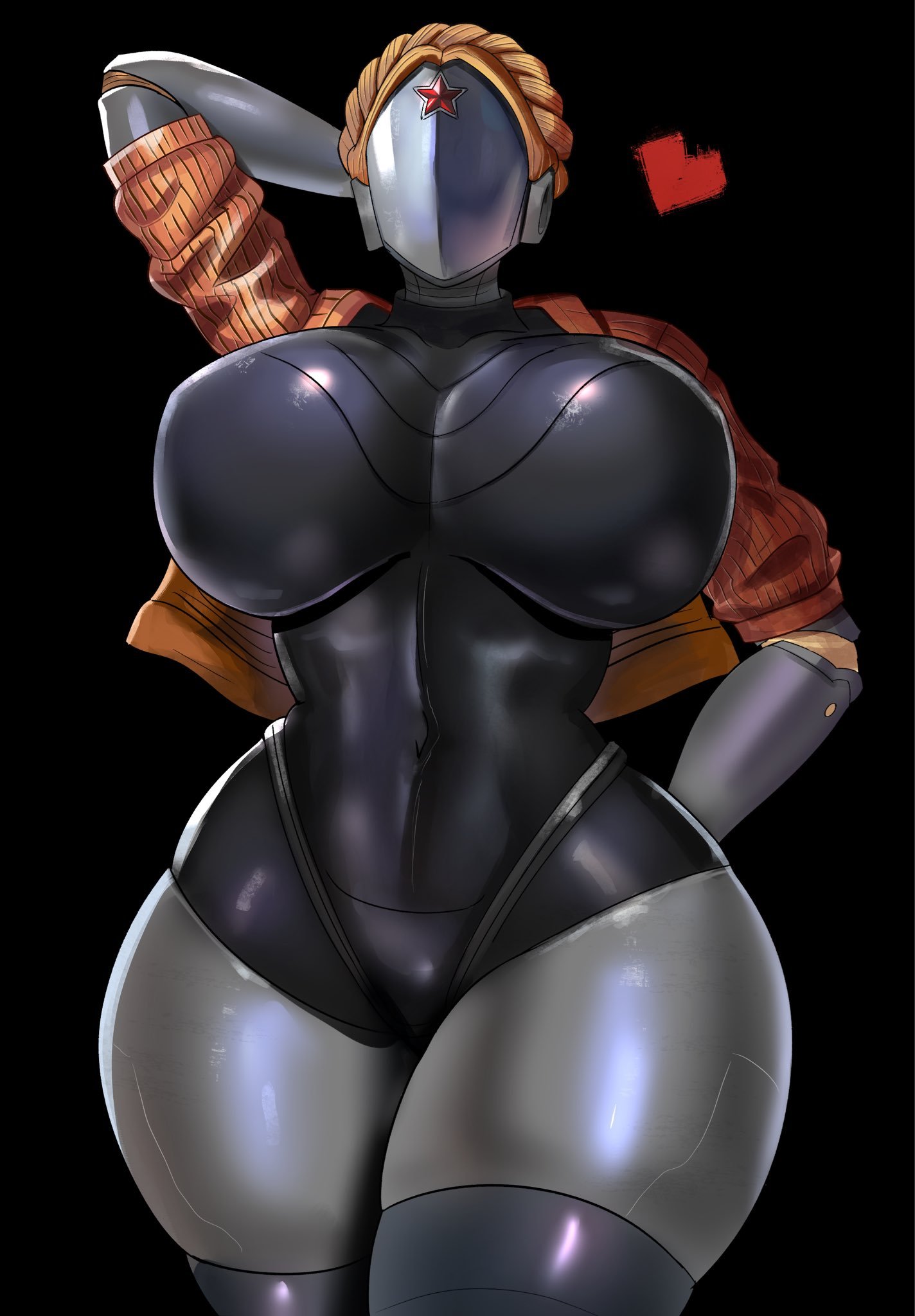 1girls, android, atomic heart, big breasts, breasts, female, female only, heart, large breasts, left (atomic heart), looking at viewer, navel, robot, robot girl, short hair, simple background, solo, solo female, standing, the twins (atomic heart), thick thighs, thighhighs, voluptuous, voluptuous female, wide hips, ytrall