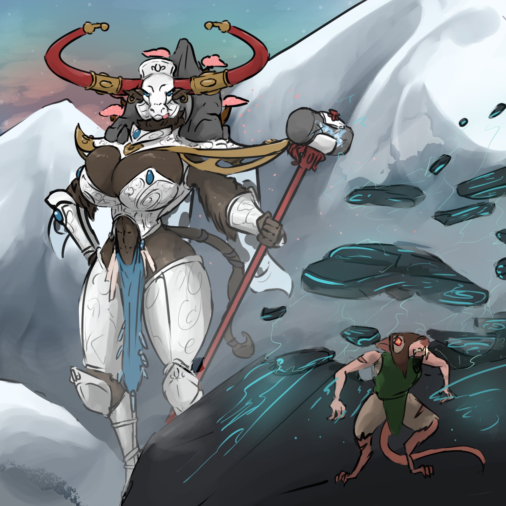 1girls, abs, alarith spirit of the mountain, ambiguous gender, anthro, armor, beastman, beastman (warhammer), bedroom eyes, big breasts, bikini armor, biped, blue eyes, bovid, bovine, breasts, brown body, brown fur, claws, cleavage, clothed, clothing, detailed background, digital media (artwork), duo, european mythology, female, fur, gem, greek mythology, hi res, hiding, horn, imminent sex, jakearmorsmith, jewelry, licking, licking lips, mammal, mask, midriff, minotaur, minotaur female, mountain, murid, murine, muscular, muscular thighs, mythology, narrowed eyes, rat, red eyes, rodent, seductive, serratus, size difference, skaven, skimpy, spirit, surprise, tail, teeth, thick thighs, tongue, tongue out, unconvincing armor, warhammer (franchise), warhammer age of sigmar, warhammer fantasy, weapon
