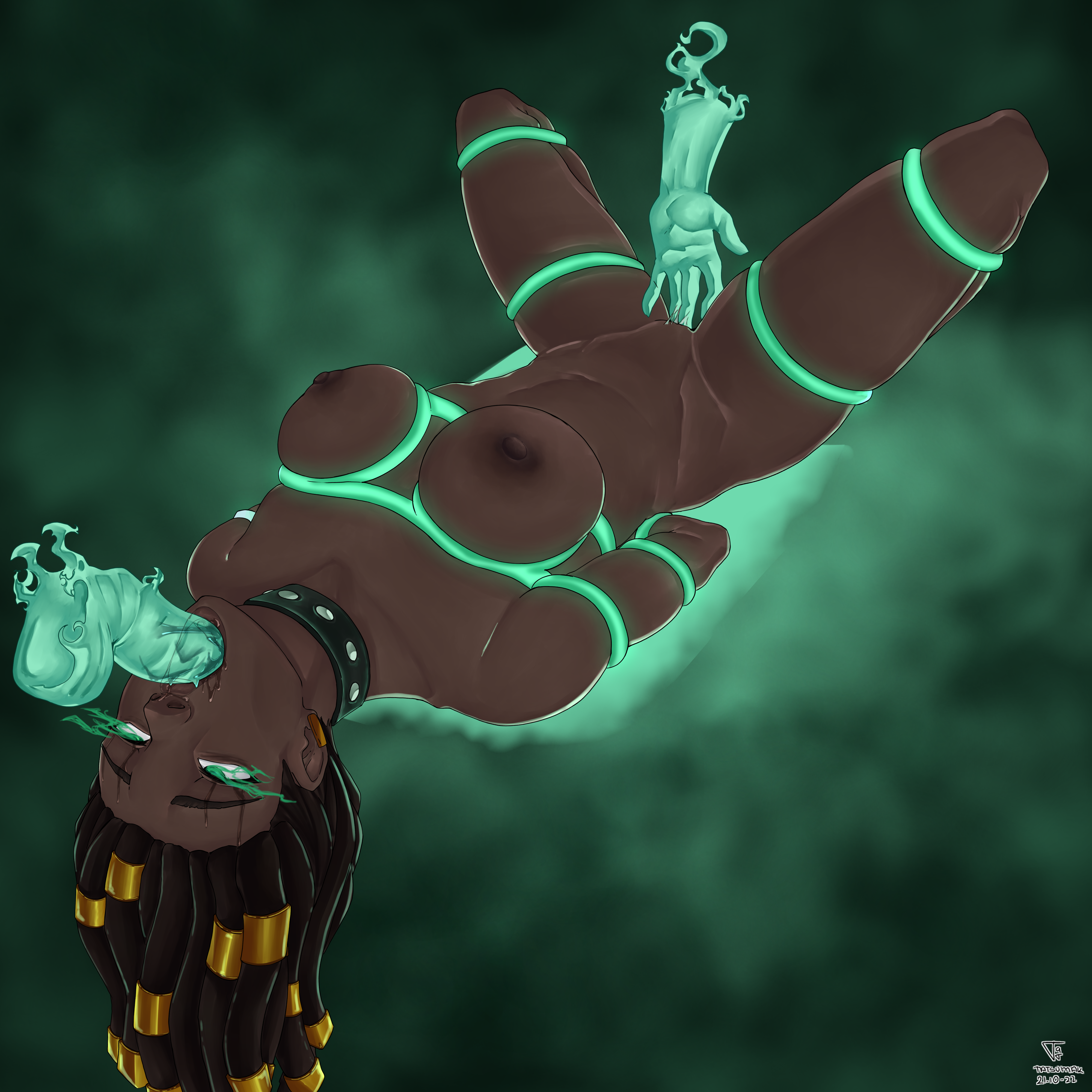 1girls, arms behind back, bondage, bound, crying, dark skin, dark-skinned female, dreadlocks, female, fingering, ghost, ghost hands, green eyes, league of legends, missionary position, on back, oral, rape, restrained, riot games, senna (league of legends), tatatsumak, tears