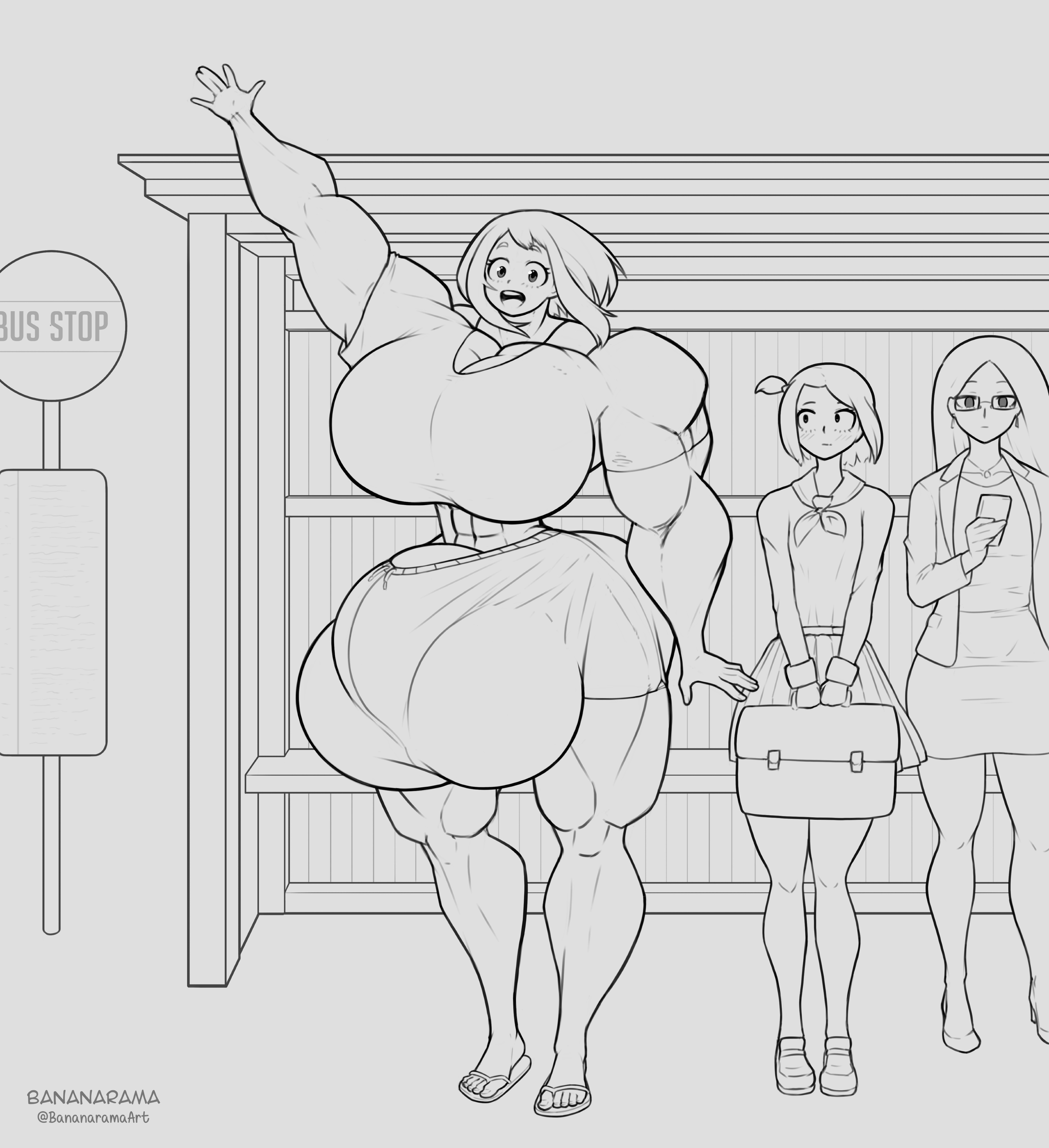 1futa, 2girls, abs, balls, bananarama (artist), breasts, bulge, bus stop, casual, clothed, clothing, detailed background, extreme muscles, female, flaccid, fully clothed, futanari, gigantic balls, gigantic breasts, gigantic penis, gigantic testicles, human, hyper, hyper balls, hyper breasts, intersex, line art, long hair, monochrome, muscles, muscular, muscular futa, my hero academia, ochako uraraka, penis, public, standing, testicles, thick thighs, wide hips