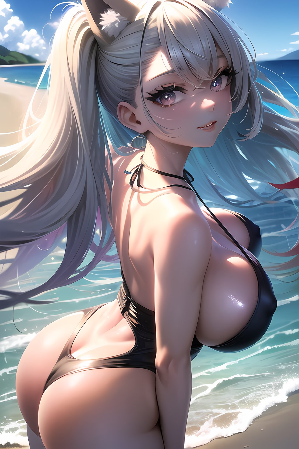 1girls, ai generated, beach, cat ears, cat girl, catgirl, curvaceous, curvy, curvy body, curvy female, curvy figure, erect nipples, erect nipples under clothes, female, long hair, nipple bulge, nipples, ponytail, seductive eyes, stable diffusion, swimsuit, white hair