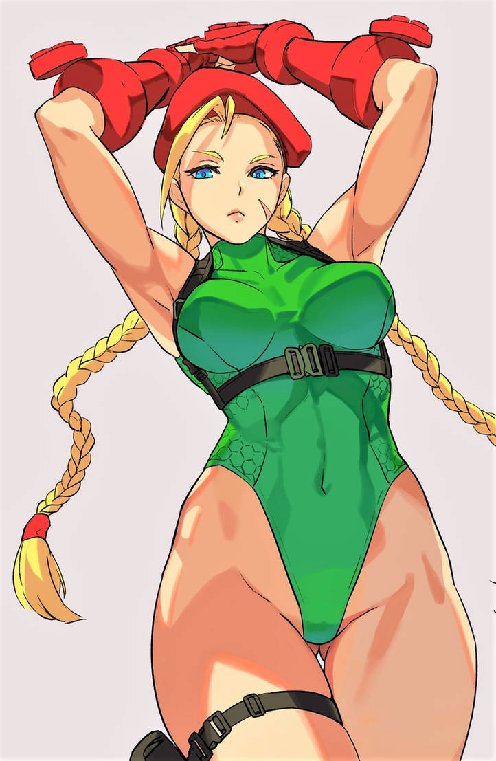 1girls, arms above head, beret, blonde hair, blue eyes, boobs, braided hair, braided twintails, breasts, cammy white, capcom, female, female only, fingerless gloves, fully clothed, gloves, green leotard, holster, legs, leotard, red beret, red gloves, scar on face, solo, street fighter, street fighter v, thick thighs, thighs, thong leotard, tight clothing, twintails