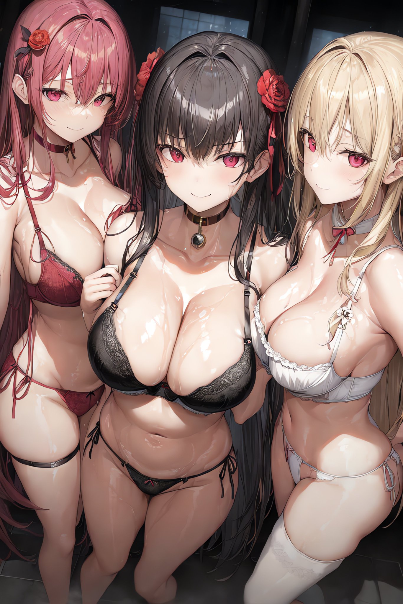 3girls, ai generated, black hair, curvaceous, curvy, curvy body, curvy female, curvy figure, female, female focus, female only, hi res, high resolution, highres, legwear, lingerie, long hair, pink hair, seductive look, stable diffusion, underwear, voluptuous, voluptuous female, yellow hair