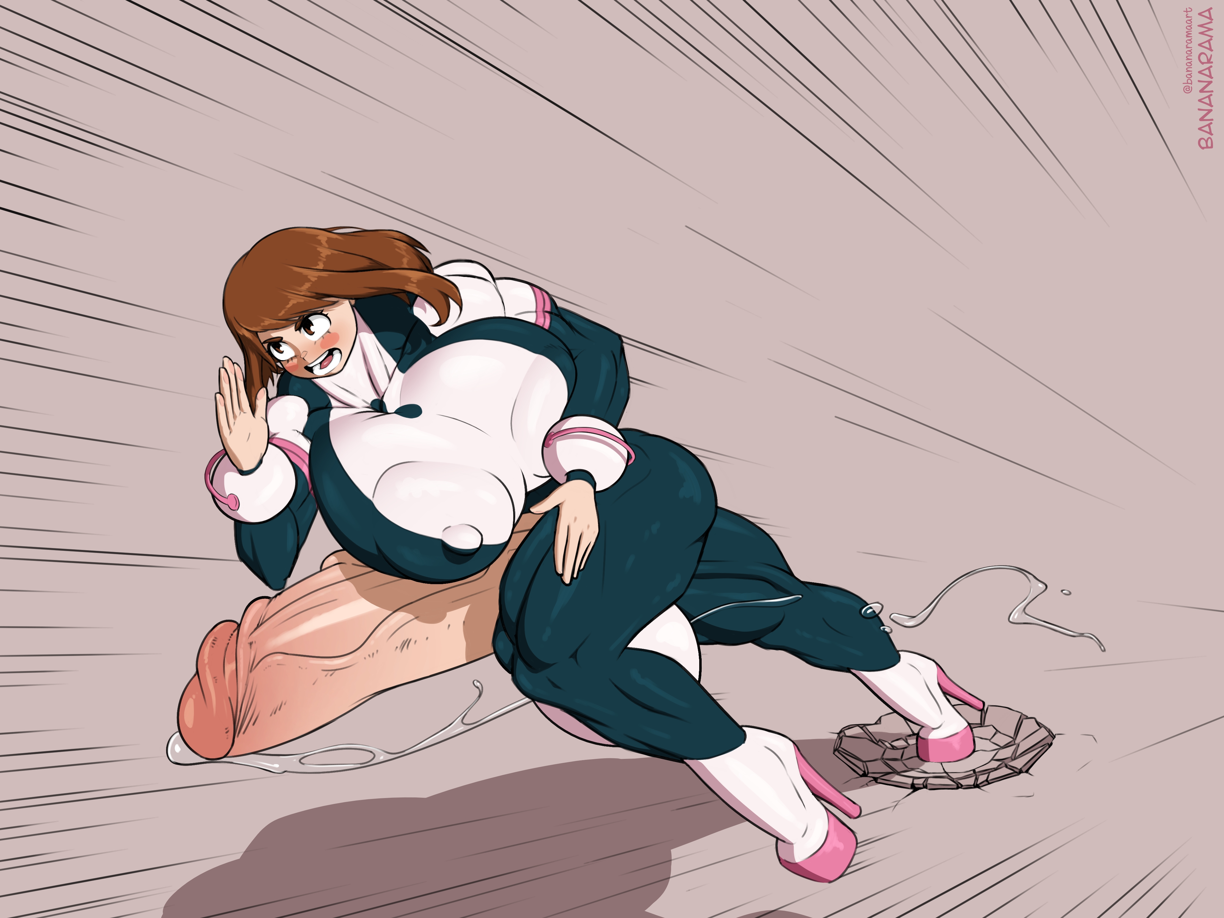 1futa, areolae, balls, bananarama (artist), bangs, bodysuit, breasts, brown hair, clothed, clothing, erection, full body, futa only, futanari, gigantic penis, hero outfit (mha), huge balls, huge breasts, huge penis, huge testicles, human, intersex, large areolae, light skin, light-skinned futa, mostly clothed, muscular, muscular futa, my hero academia, nipple bulge, nipples, ochako uraraka, penis, precum, precum drip, puffy nipples, running, short hair, solo, standing, testicles, thick thighs, tight clothing, veiny penis