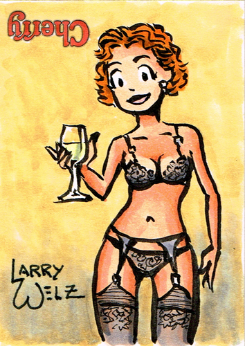 1girls 2020 black_bra black_panties cherry_poptart_(comic) curly_hair ear_piercing earrings garter_belt larry_welz light-skinned_female lingerie looking_at_viewer milf mother orange_hair pepper_poptart pinup short_hair stockings straight_hair wine_glass