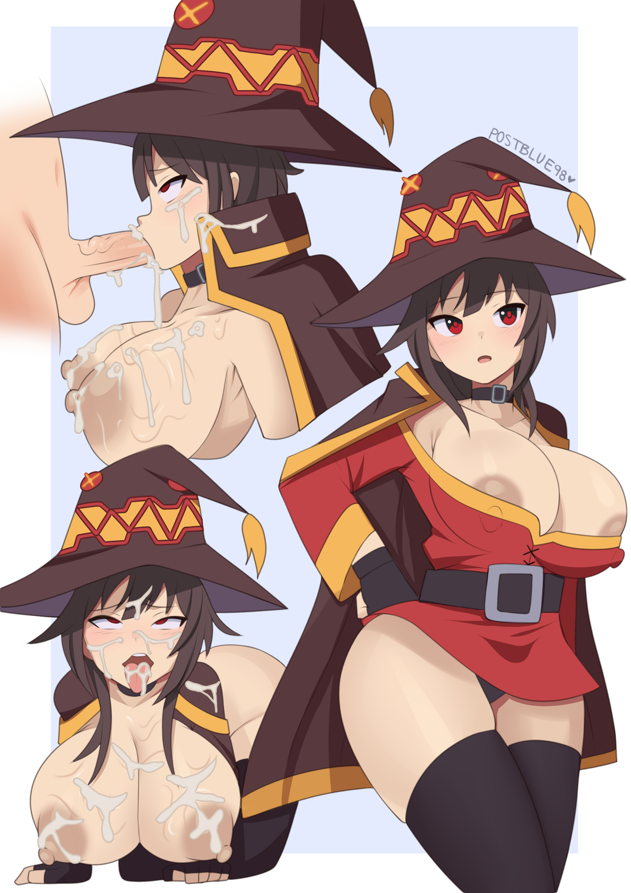 1boy, 1girls, alternate breast size, areola, areola slip, areolae, balls, big breasts, blowjob, breasts, cleavage, clothed, clothing, cum, cum in mouth, cum on breasts, cum on face, fellatio, female, fingerless gloves, gloves, hand on hip, hat, huge breasts, kono subarashii sekai ni shukufuku wo!, large breasts, light skin, light-skinned female, light-skinned male, looking at viewer, male, megumin, nipple bulge, nipples, open mouth, panties, partial male, penis, postblue98, red eyes, simple background, standing, straight, thick thighs, thighhighs, voluptuous, wide hips, witch hat