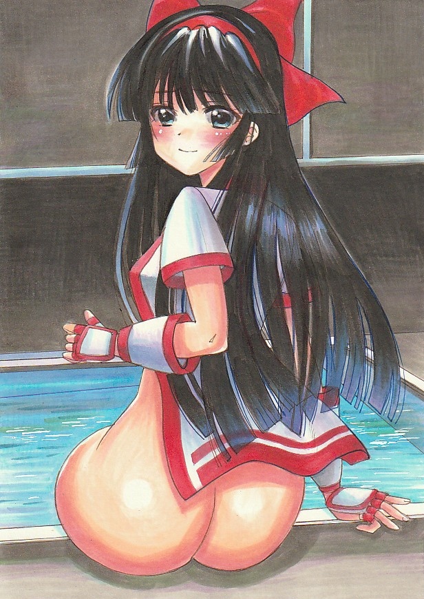 1girls ainu_clothes arm_support ass big_ass black_hair blue_eyes breasts female female_only fingerless_gloves hair_ribbon legs long_hair looking_at_viewer looking_back medium_breasts nakoruru no_bra no_panties pool samurai_shodown sitting smile snk solo thighs tomoeri traditional_media_(artwork) water