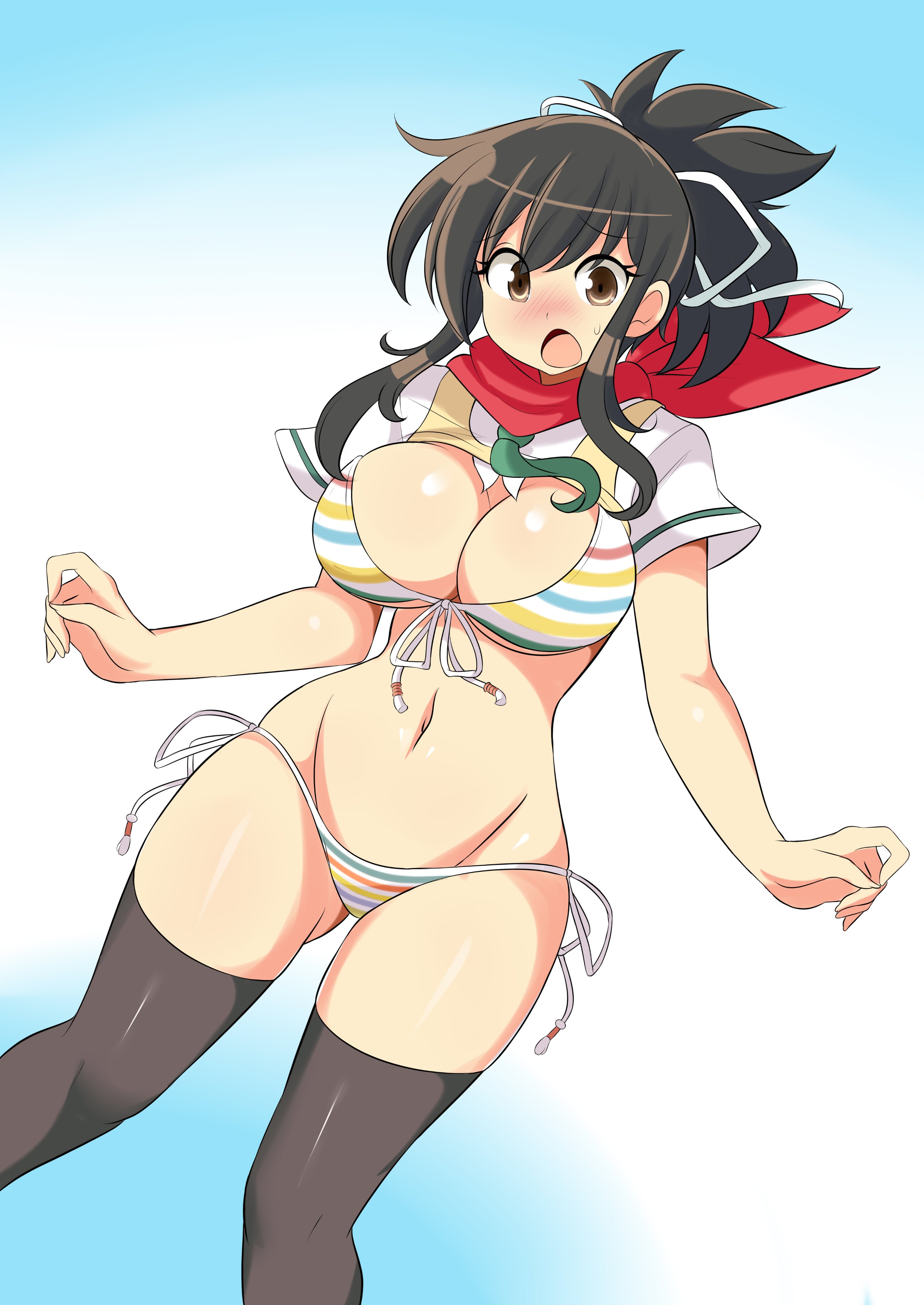 amber eyes, asuka (senran kagura), belly, big breasts, bikini, black hair, blush, breasts, female, large breasts, lucyfercomic, midriff, navel, open mouth, senran kagura, thick thighs, wide hips
