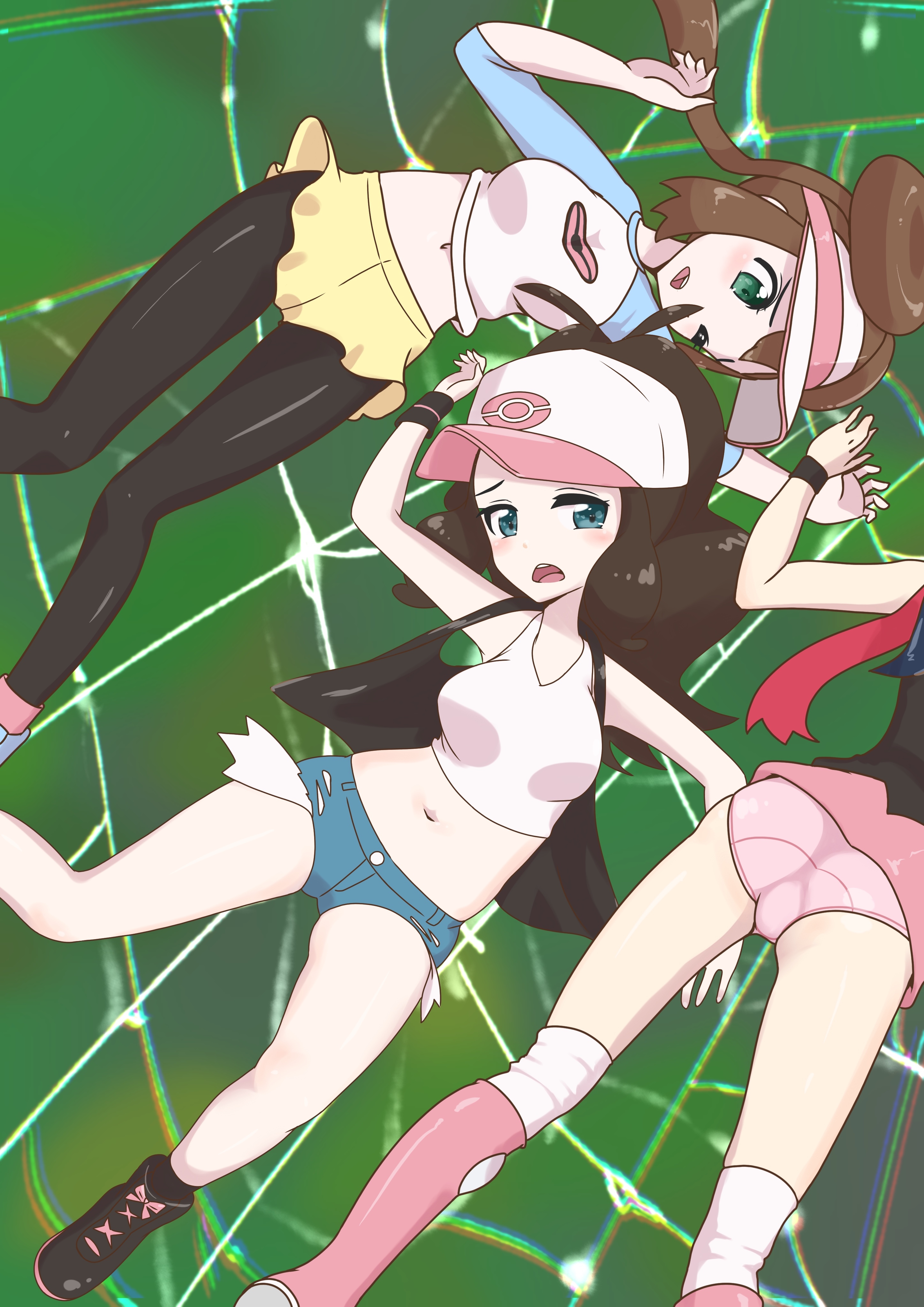 3girls, ass, breasts, dawn (pokemon), female, female only, hilda (pokemon), human, human only, microsd (artist), panties, pink panties, pokemon, pokemon bw, pokemon dppt, rosa (pokemon), spider web, stuck, white shirt