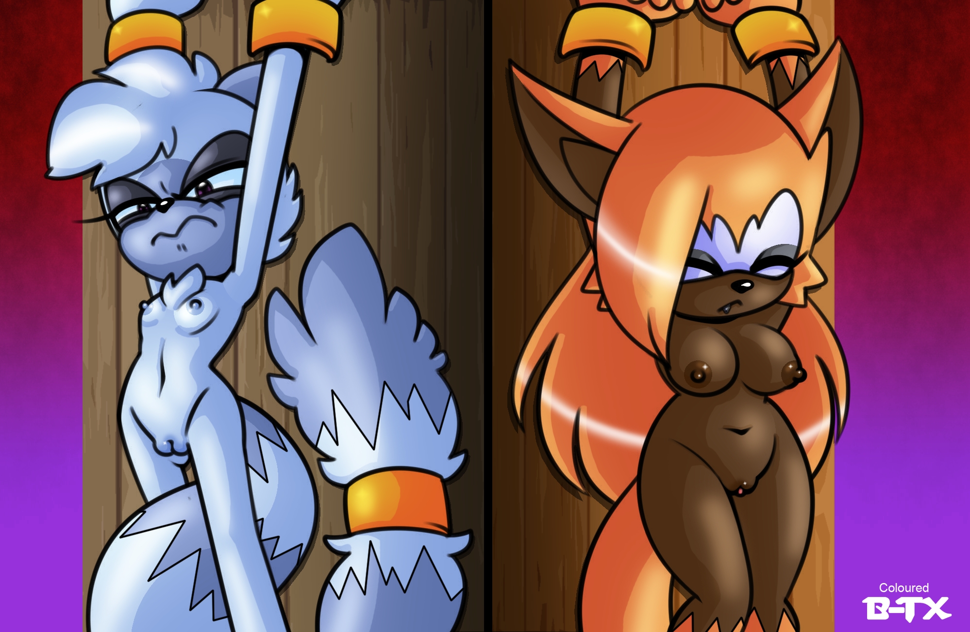 anthro, arms above head, bladetigerx, bondage, breasts, captured, captured heroine, female, femsub, hyoumaru, idw comics, idw publishing, mobian (species), pussy, sega, sonic (series), sonic the hedgehog (comics), sonic the hedgehog (idw), sonic the hedgehog (series), tangle the lemur, whisper the wolf