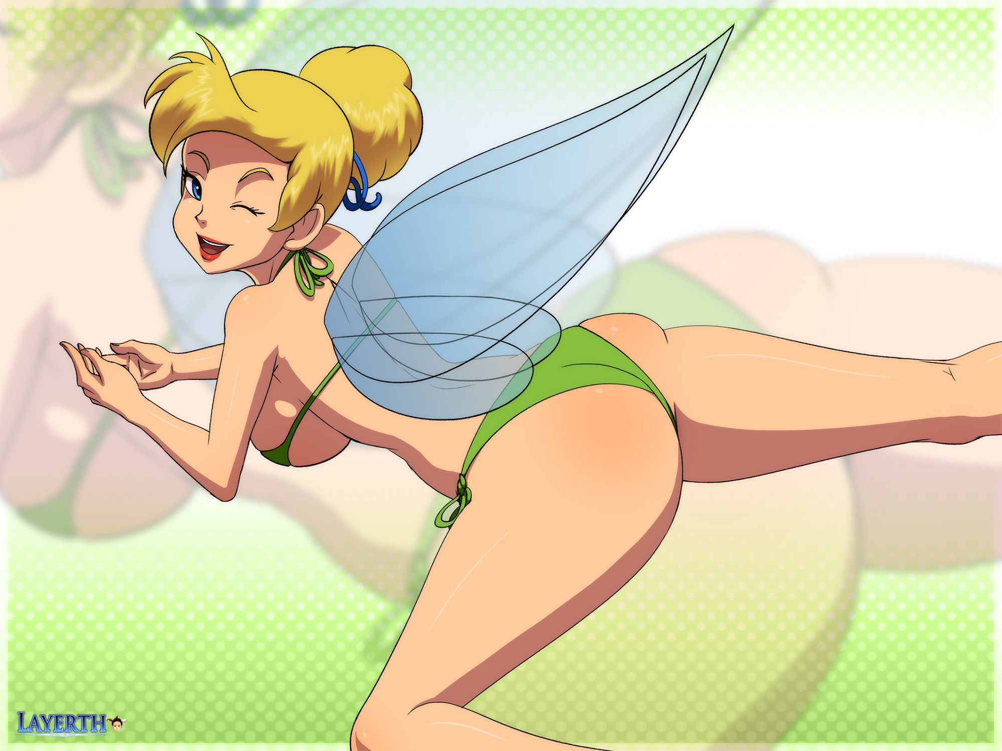 ass, bikini, blonde hair, disney, fairy, fairy wings, female, green panties, layerth, panties, peter pan (disney), swimsuit, swimwear, tinker bell