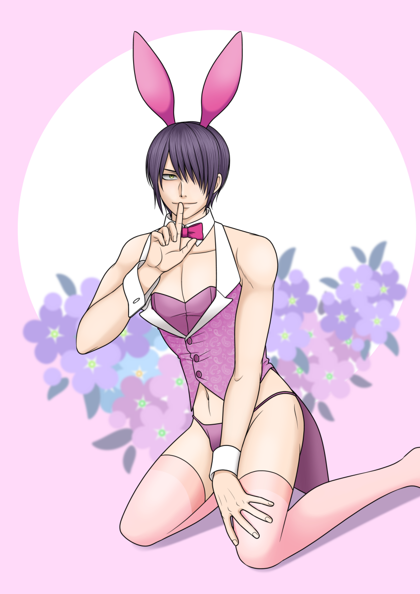 alternate_costume bishonen bowtie bunny_boy bunny_ears crossdressing detached_collar finger_to_mouth full_body gintama hair_over_one_eye kneeling male male_only male_playboy_bunny pink_background pink_legwear pink_thighhighs purple_hair sitting smile solo takasugi_shinsuke thighhighs thong toned toned_male vest waistcoat xhaowrong