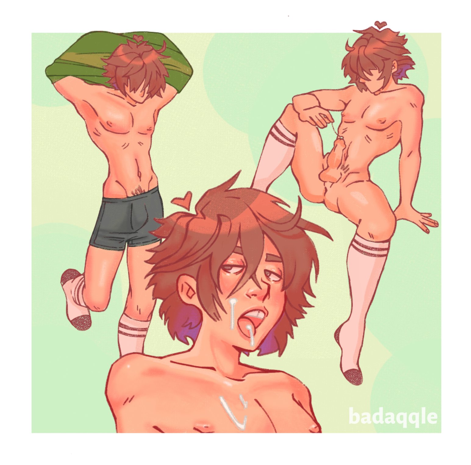 1boy, badaqqle, bukkake, cum on face, cumshot, deltarune, kris (deltarune), male, male only, penis, penis out, presenting penis, socks, solo, solo focus