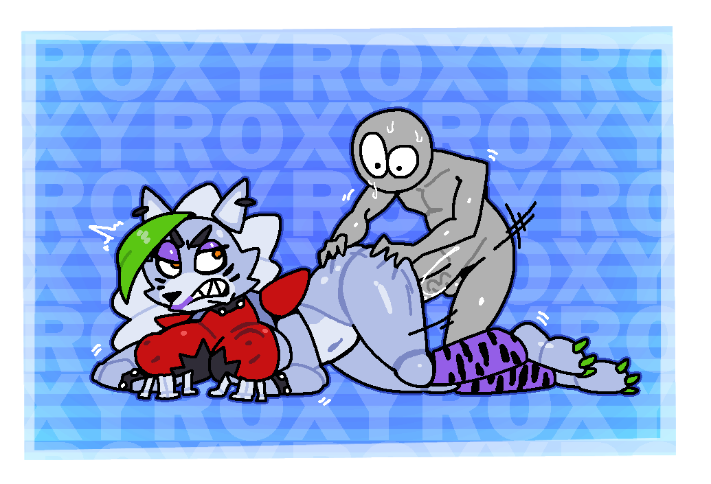 1boy 1girls anon anthro belly crushtrap five_nights_at_freddy's five_nights_at_freddy's:_security_breach furry good_artwork green_hair_streak green_streak purple_eyeshadow purple_lips red_shirt roxanne_wolf_(fnaf) sharp_teeth straight sweat thighhighs tight_clothing vaginal