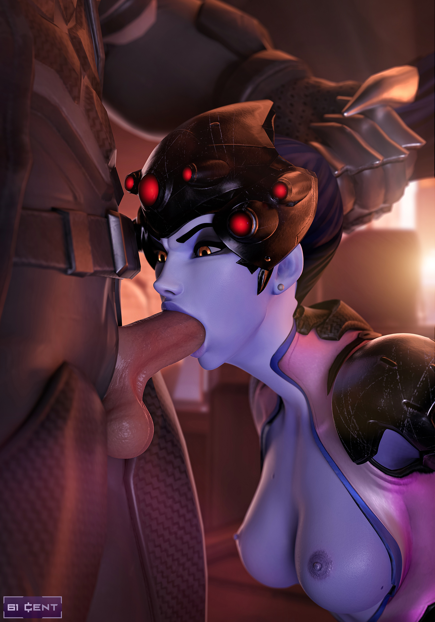 1boy, 1girls, 3d, 61cent, amelie lacroix, areolae, balls, blender, blizzard entertainment, blowjob, blowjob face, breasts, breasts out, clothed, clothing, dark blue hair, dubious consent, duo, ear piercing, earrings, erection, eyewear on head, face fucking, fellatio, female, female focus, forced, grabbing head, hair grab, hair pull, headgear, headwear, highres, holding hair, jumpsuit, kneeling, light skin, light-skinned male, male, medium breasts, nipples, on knees, oral, oral penetration, oral sex, overwatch, overwatch 2, penetration, penis, ponytail, pulling hair, purple body, purple skin, reaper, rough sex, standing, sucking, sucking penis, team overwatch, unseen male face, visor, watermark, widowmaker, yellow eyes