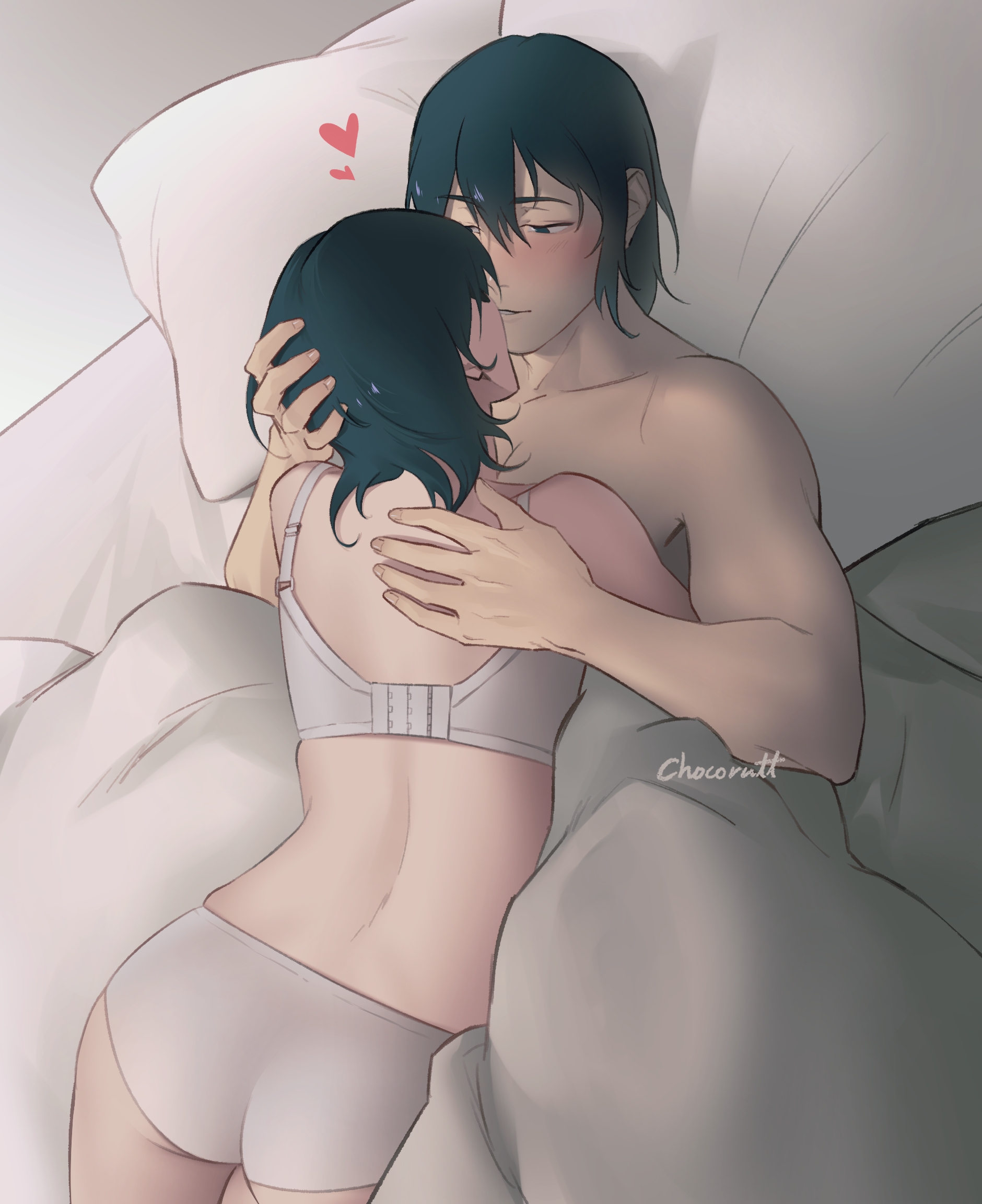 1boy, 1girls, ass, black hair, blush, bra, chainsaw man, chocorutt, collarbone, cuddling, female, hayakawa aki, heart, himeno (chainsaw man), hug, kissing, looking at another, lying, male, male/female, morning, on bed, panties, pillow, signature, straight, under covers, underwear, wholesome