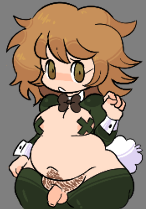 brown_eyes brown_hair bunny_tail chubby danganronpa danganronpa:_trigger_happy_havoc embarrassed femboy flaccid foreskin fujisaki_chihiro green_clothing male_shortstack pasties pubic_hair reverse_bunnysuit sleepyslut small_penis solo stockings straight_hair teapot_(body_type) x_pasties