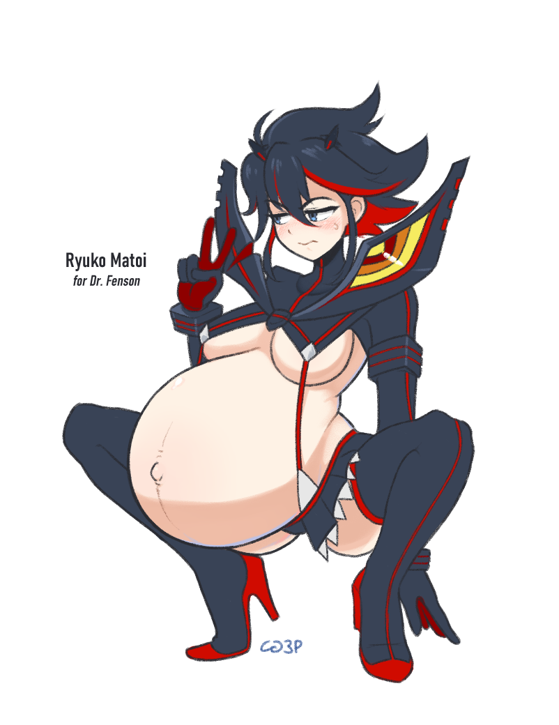 1girls belly big_belly big_breasts black_hair blue_eyes breasts cg3p clothing female gloves high_heel_boots high_heels hyper_pregnancy kill_la_kill matoi_ryuuko multicolored_hair outie_navel pregnant ready_to_pop red_hair short_hair squatting studio_trigger tagme thighhighs underboob