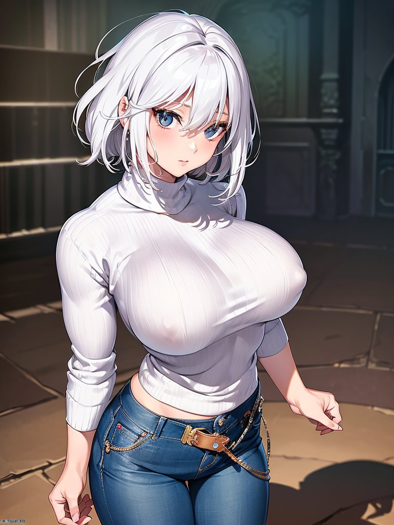 1girls, ai generated, curvaceous, curvy, curvy body, curvy female, curvy figure, denim jeans, female, female focus, highres, looking at viewer, original character, seductive look, short hair, stable diffusion, voluptuous, voluptuous female, white hair