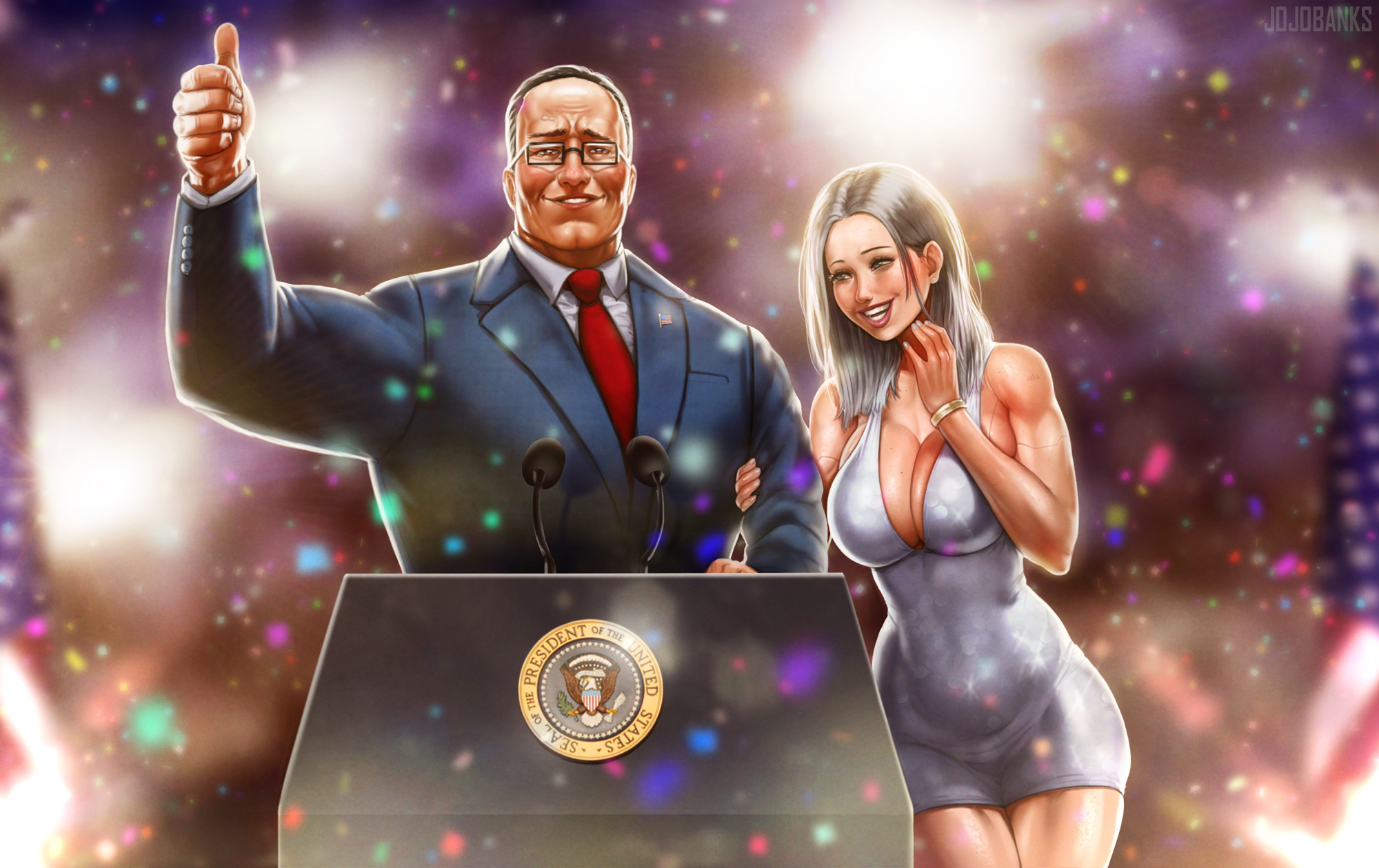 big breasts, breasts, female, grey hair, jojobanks, metal gear rising, not porn, president, public, raiden (metal gear), rule 63, senator armstrong, sfw, short dress, suit, tight clothing