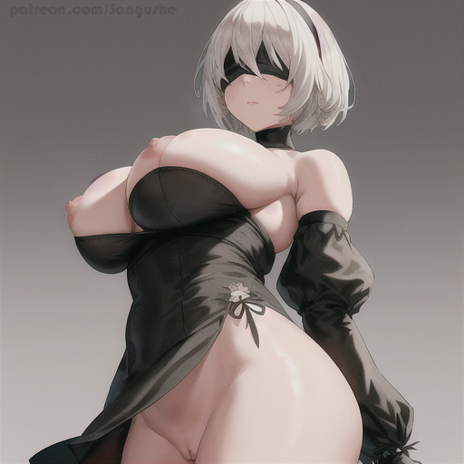 1girls ai_generated anime anime_style big_breasts black_clothes blindfold breasts clothes female nier nier:_automata nipples sangushe vagina vagine waifu2x white_hair