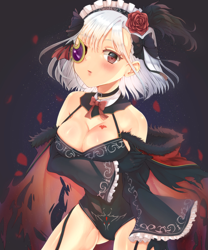 absurdres alternate_costume breasts eyepatch female gluteal_fold goth goth_girl halloween halloween_costume highres izumi_kanagi kanechitomoyo looking_at_viewer magia_record:_mahou_shoujo_madoka_magica_gaiden magical_girl mahou_shoujo_madoka_magica medium_breasts puella_magi_madoka_magica red_eyes seductive seductive_smile sensual short_hair solo vampire vampire_costume white_hair