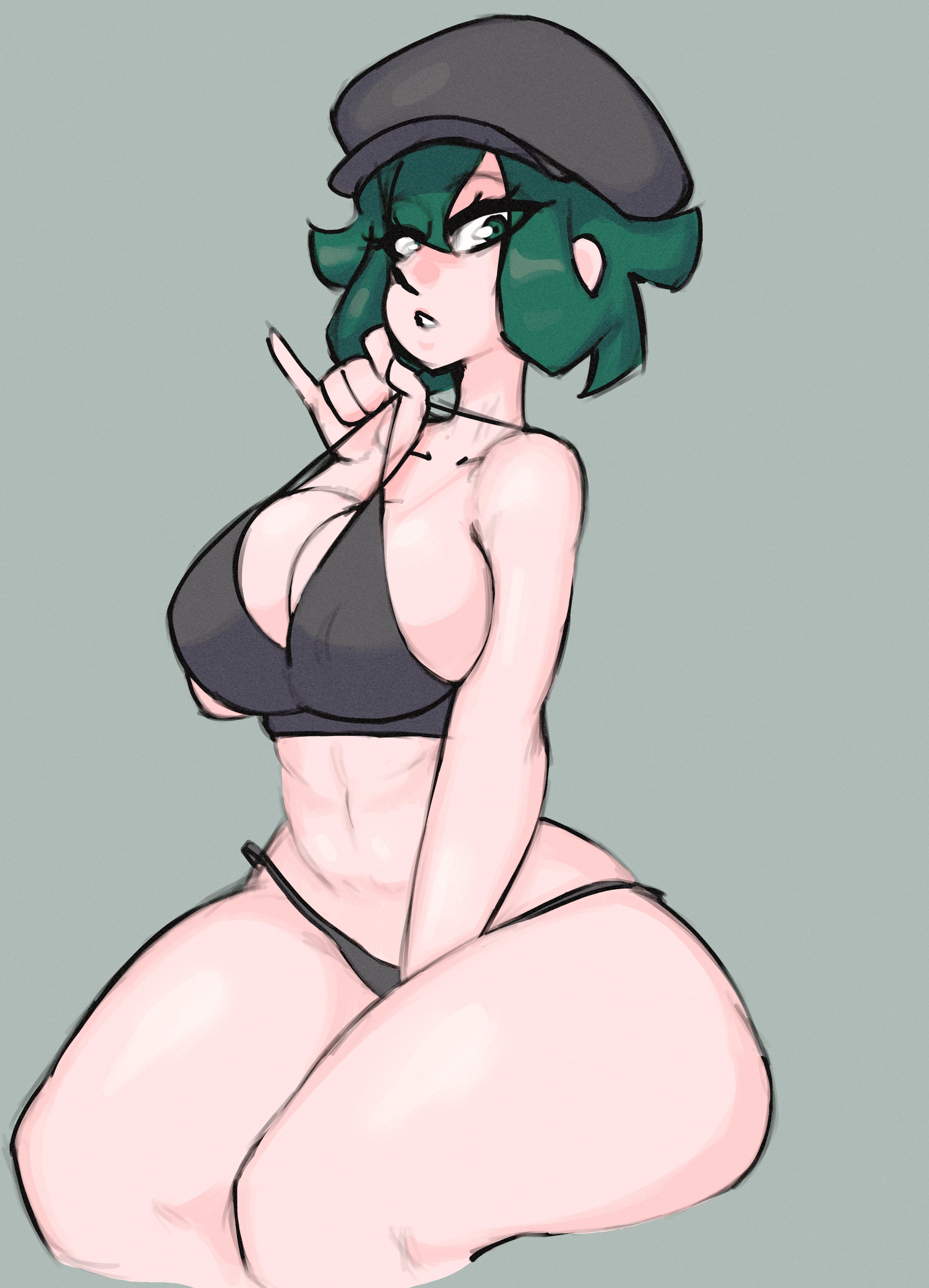 between legs, bikini, black bikini, black panties, botaniccal, bra, breasts, cleavage, curvy, female, green eyes, green hair, looking at viewer, panties, pokemon, short hair, sitting, solo, swimsuit, team rainbow rocket, team rainbow rocket grunt, team rainbow rocket grunt (female), team rocket, team rocket grunt, thick thighs, thighs, underwear, wide hips
