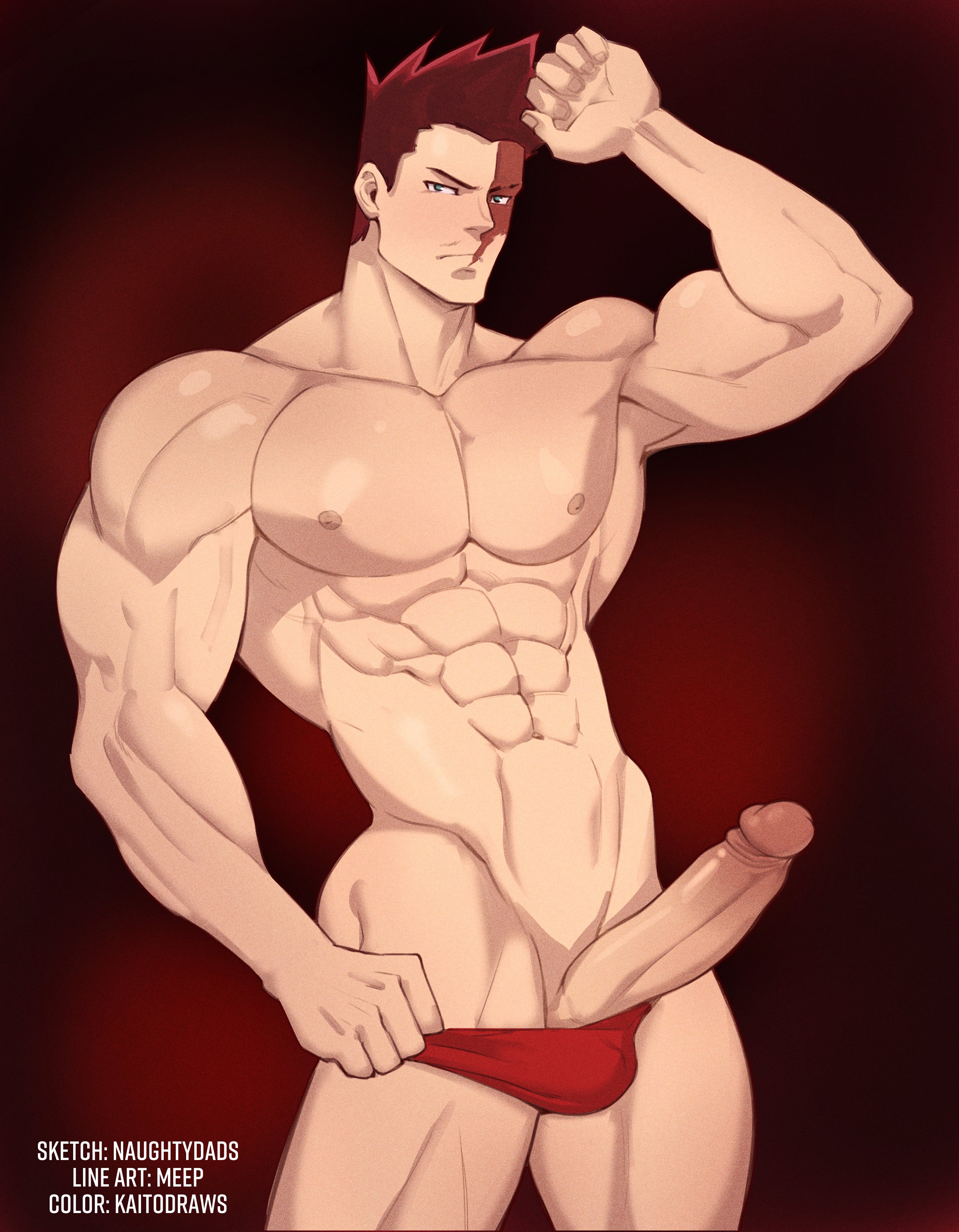 1boy, abs, balls, balls in underwear, bara, biceps, big pecs, big penis, bodybuilder, buff, burn scar, crotch, endeavor (my hero academia), enji todoroki, erection, erection under clothing, facial hair, fire, full body, human, kaito draws, looking at viewer, male, male chest, male focus, male nipples, male only, moustache, muscles, muscular, muscular male, my hero academia, nipples, pecs, pectorals, penis, penis in underwear, penis out, pubic hair, red hair, red pubic hair, red underwear, scar, scar across eye, simple background, six pack, solo, solo focus, solo male, standing, stubble, topless, underwear, underwear only, white background, yaoi