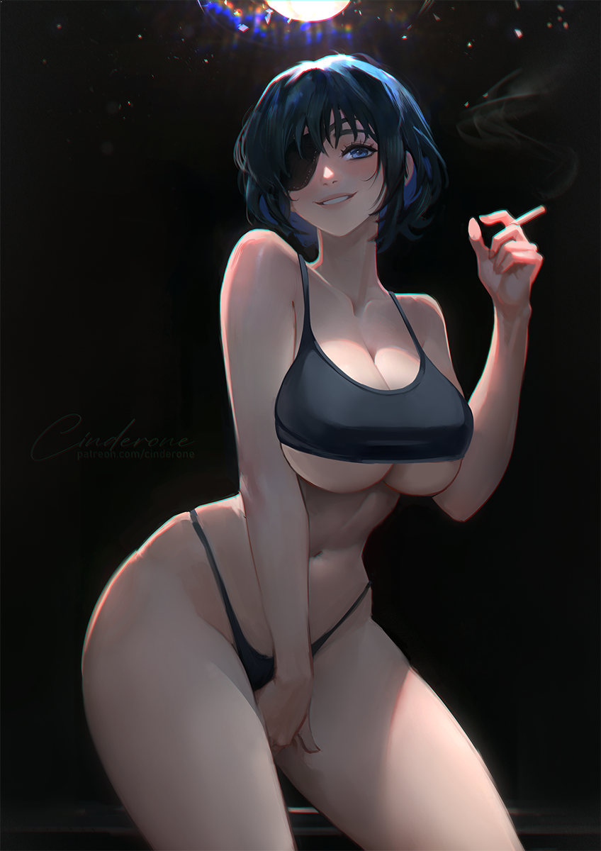 ass, big ass, big breasts, breasts, chainsaw man, cigarette, cinderone, cleavage, female, female only, himeno (chainsaw man), huge breasts, light skin, light-skinned female, mappa, thick thighs, underboob, wide hips