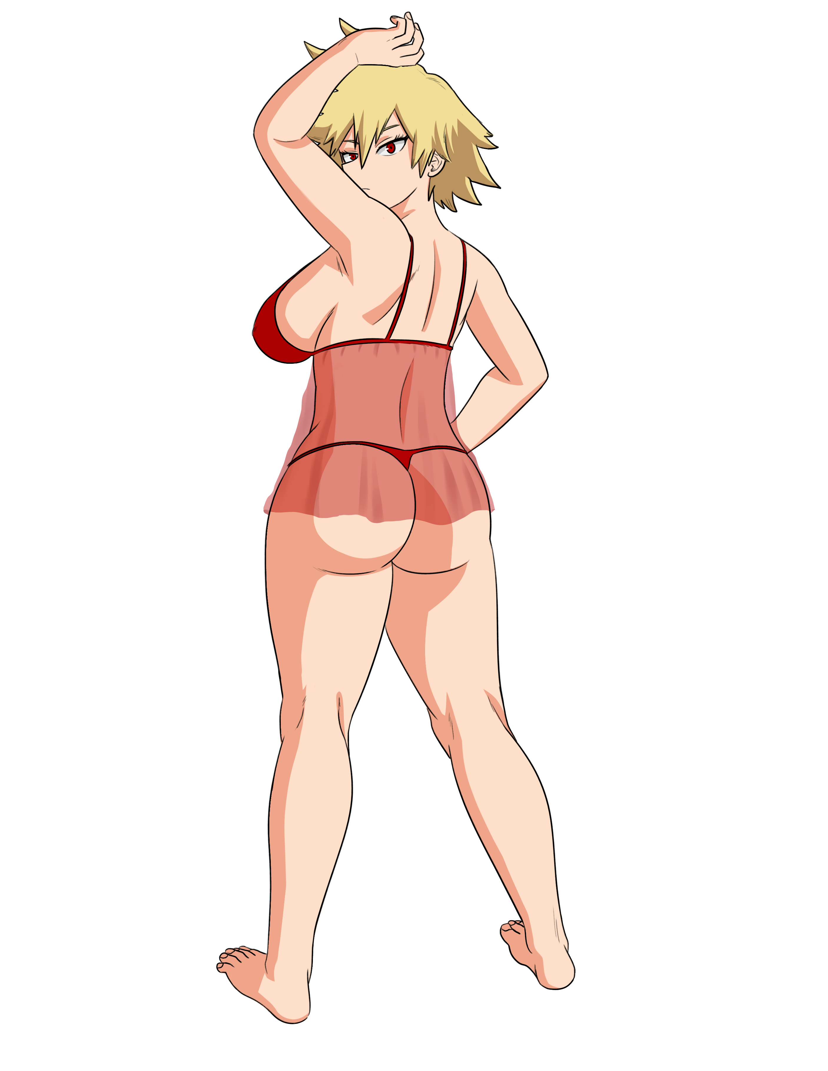 ass, blonde hair, facing away, female, lingerie, lingerie only, looking back, mfuncen, milf, mitsuki bakugou, my hero academia, one arm up, see-through clothing, short hair, solo female, solo focus