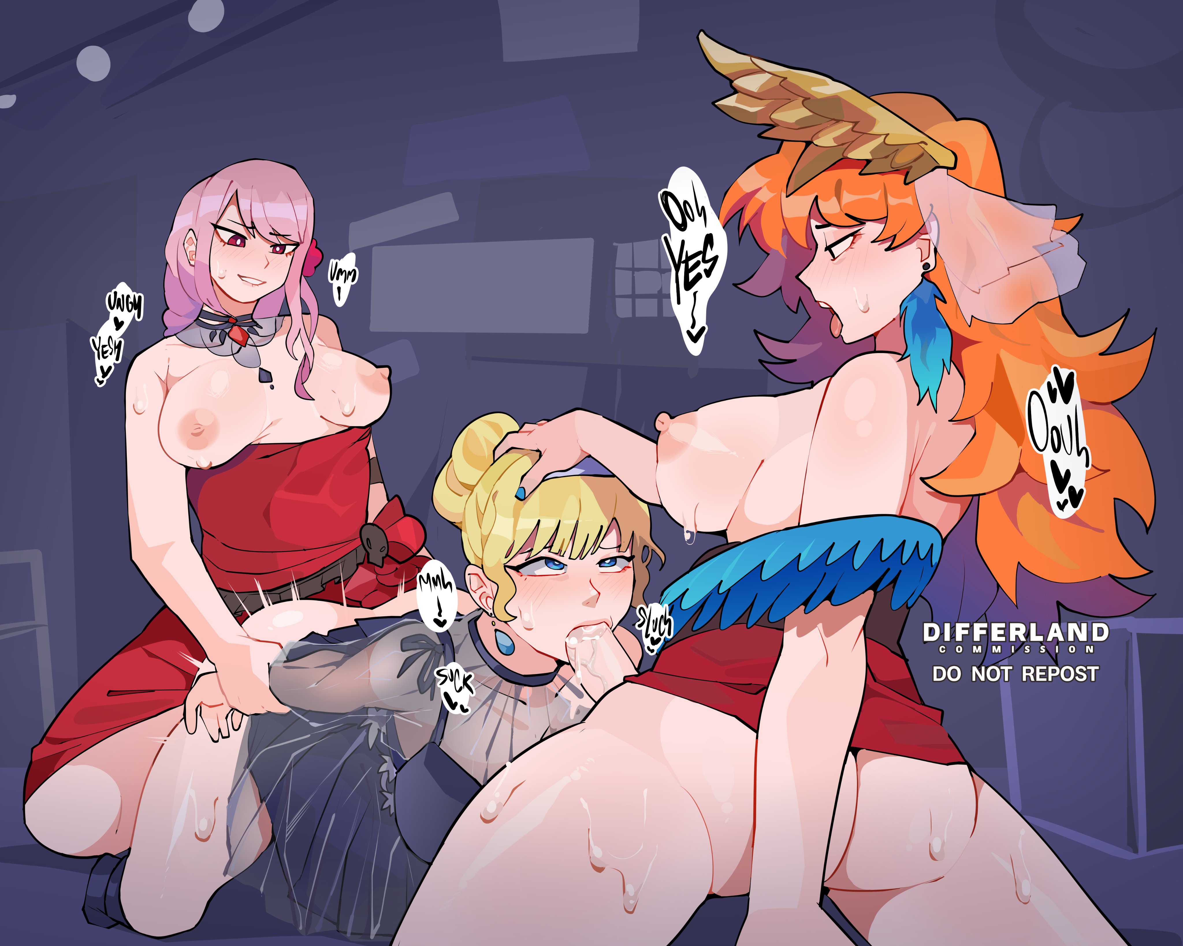 1girls, 2023, 2futas, all fours, areolae, balls, blonde hair, breasts, breasts apart, clothed, clothing, diforland, dress, erection, fellatio, female, futa on female, futanari, hand on head, hololive, hololive english, human, intersex, kneeling, large breasts, light skin, light-skinned female, light-skinned futa, long hair, mori calliope, mostly clothed, nipples, oral, orange hair, partially clothed, penis, pink hair, sex, sitting, spitroast, standing, sweat, takanashi kiara, takanashi kiara (3rd costume), threesome, virtual youtuber, watson amelia