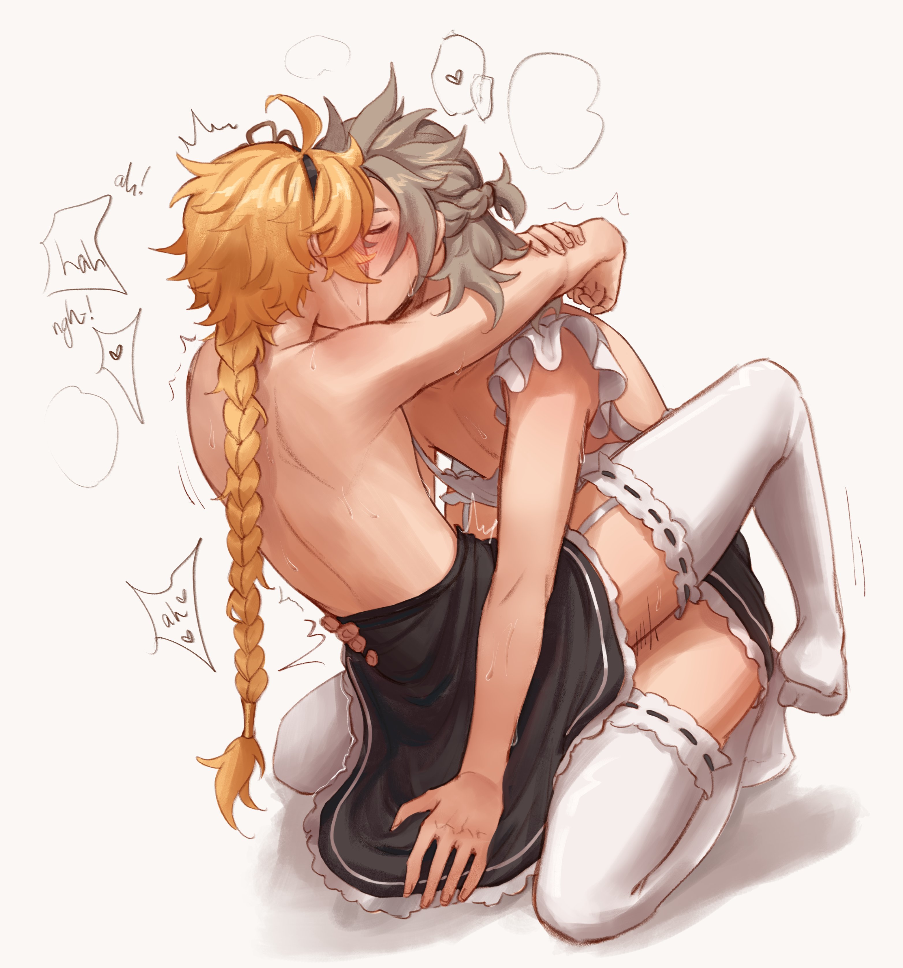2boys, aether (genshin impact), albedo (genshin impact), anal, anal sex, blonde hair, dialogue, english text, genshin impact, maid, maid uniform, male, male focus, male only, moaning, moaning in pleasure, socks, waist grab, white background, white hair, yaoi