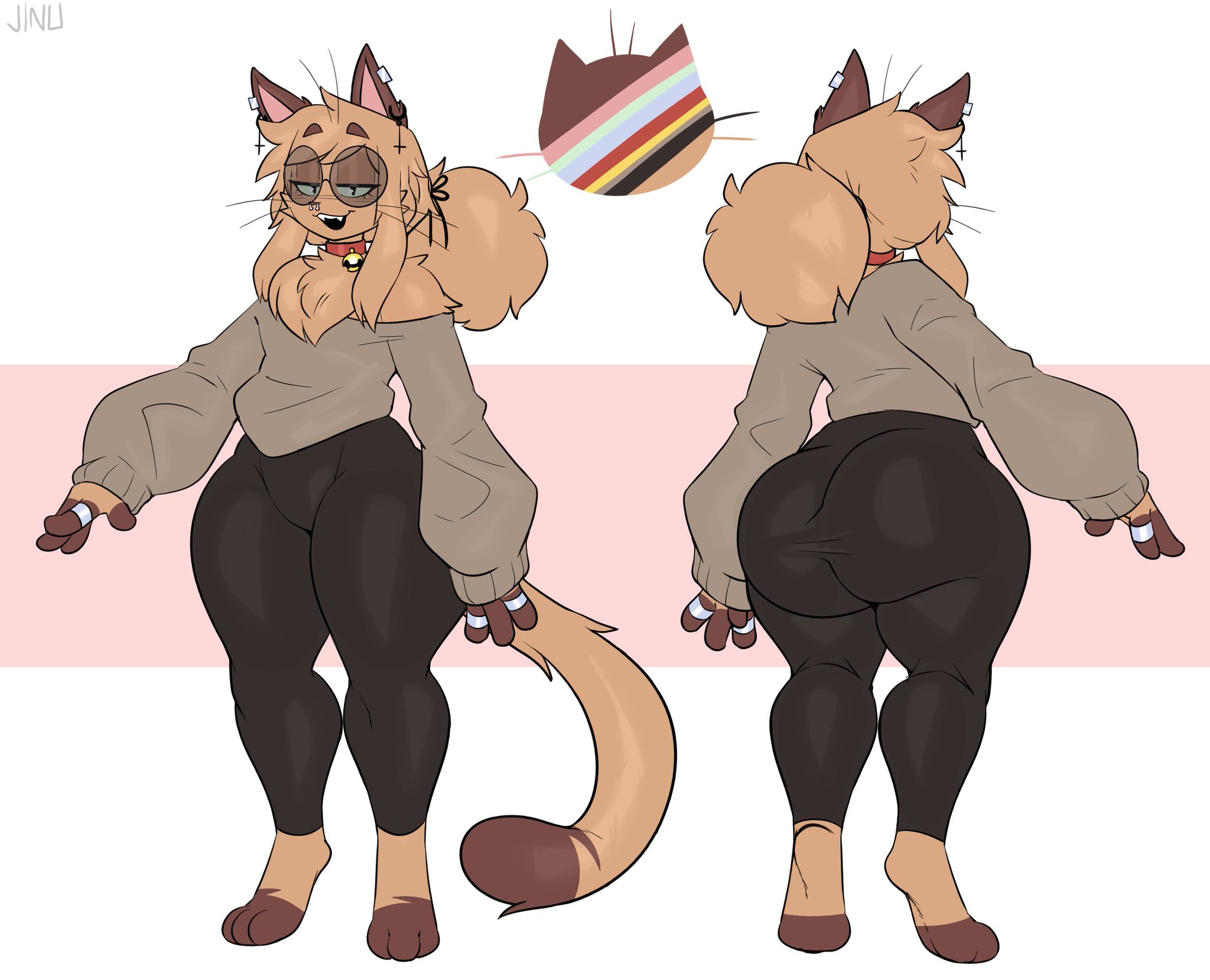 1boy, 3 toes, 4 fingers, anthro, ass, barefoot, bell, big ass, cat boy, cat ears, cat tail, catboy, clothed, clothes, clothing, collar, feet, femboy, fur, girly, glasses, jinu, jinu (character), male, male only, neko, pac-man eyes, pierced ears, pierced nose, piercing, piercings, ponytail, reference, reference image, reference sheet, ring, ring piercing, shades, solo, solo male, thick thighs, thighs, toes, trap, wide hips