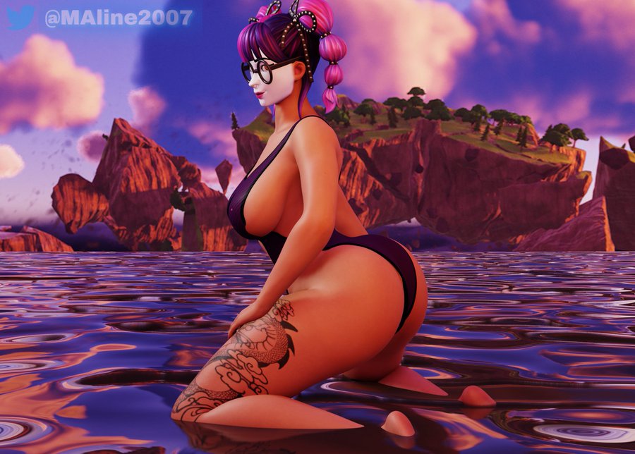 big_ass big_breasts big_butt breasts brown_hair epic_games eyes_closing festival_lace_(fortnite) fortnite glasses gothic lace_(fortnite) looking_at_viewer makeup maline2007 ocean pose posing purple_hair red_lipstick swimsuit thick thick_ass