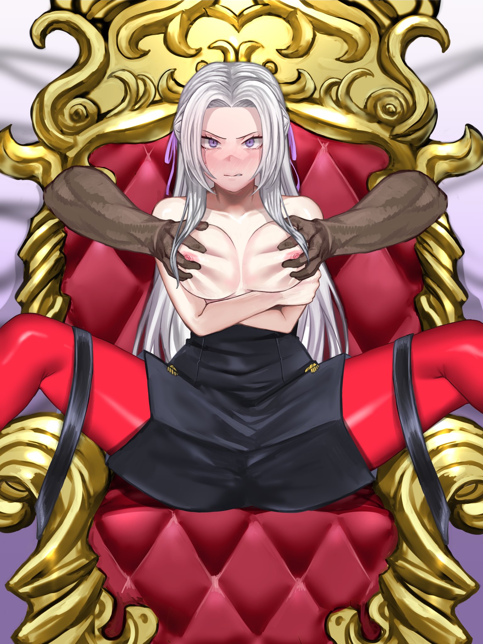1girls, angry, arm under breasts, bare shoulders, bondage, bound, bound legs, bound to chair, breast grab, breasts, chair bondage, clenched teeth, collarbone, crossed arms, crying, crying with eyes open, double breast grab, edelgard von hresvelg, embarrassed, embarrassed female, female, female focus, femsub, fire emblem, fire emblem: three houses, forced, forced presentation, garreg mach monastery uniform, glaring, grope from behind, groping, large breasts, long hair, looking at viewer, molestation, nintendo, nipples, pantyhose, pocari66, presenting, purple eyes, rape, restrained, royalty, shorts, shoulders, solo focus, spread legs, throne, topless, unhappy female, very long hair, white hair