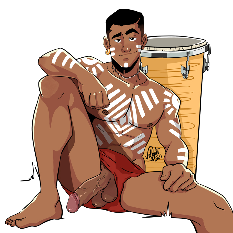 big cock, big penis, body paint, boner, dark skin, dark-skinned male, erect penis, erection, hard on, huge cock, looking at viewer, male, male only, markings, melanin, muscles, muscular, muscular male, penis, penis through leghole, sitting, smiling at viewer, spread legs, teasing, veiny penis, velgaty