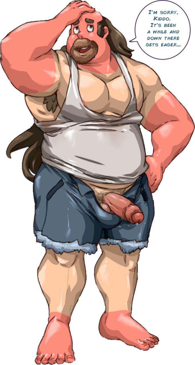 balls beard boner erection facial_hair fully_clothed greg_universe jean_shorts male male_only markwulfgar mismatched_tanlines open_fly overweight penis penis_out solo solo_male speech_bubble steven_universe tank_top tanline